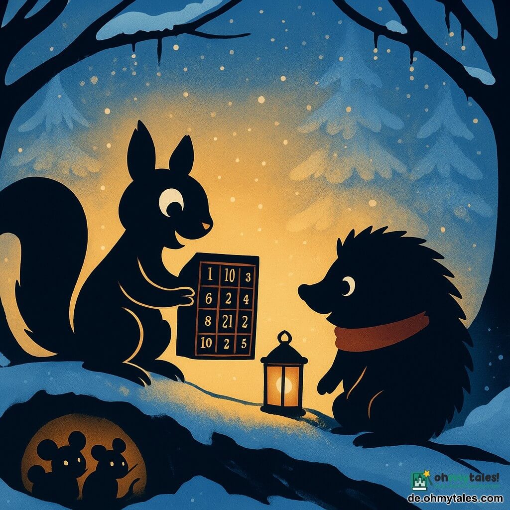 Ein kleines weißes Eichhörnchen namens Flauschi, mit vor Freude funkelnden Augen, sitzt auf einer großen, mit Schnee bedeckten Wurzel und öffnet einen kleinen Adventskalender aus goldenem Holz. Neben ihm steht ein kleiner Igel namens Pieks, der einen niedlichen roten Schal trägt und mit Begeisterung den Inhalt des Kalenders betrachtet. Im Hintergrund beobachtet eine Gruppe neugieriger Mäuse mit runden, glänzenden Augen die Szene vom Eingang ihres verschneiten Baus aus. Der Wald ist eine märchenhafte Winterlandschaft mit schneebedeckten Bäumen und gefrorenen Girlanden, die an den Ästen hängen. Die Hauptszene zeigt Flauschi und seine Freunde, die zusammen eine kleine goldene Laterne entdecken, die die Szene mit einem sanften, warmen Licht erhellt und den Geist des Teilens und der Weihnacht symbolisiert.