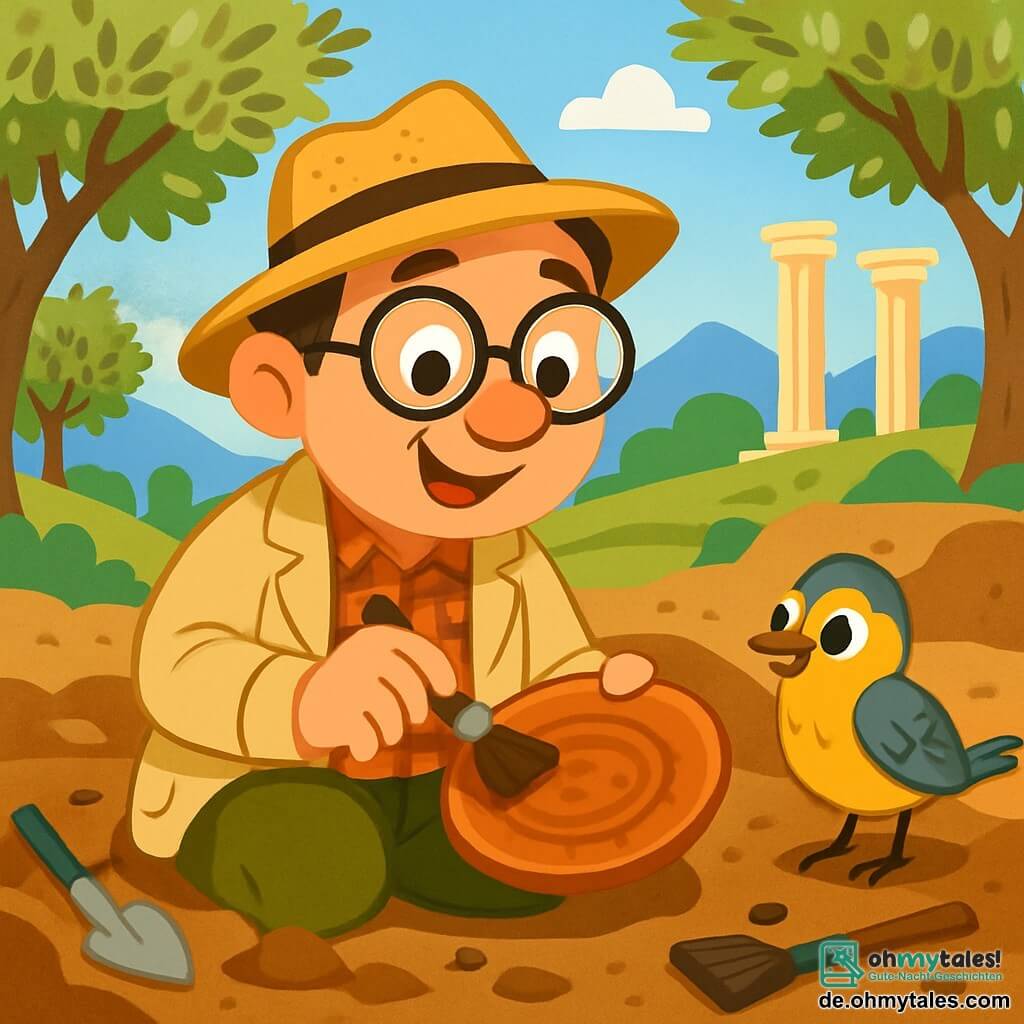 Ein Archäologe namens Herr Leo sitzt auf dem Boden, mit einer großen Brille auf der Nase und einem bewundernden Lächeln im Gesicht. Er trägt ein kariertes Hemd, einen Strohhut und eine beige Jacke, hält in einer Hand eine kleine Schaufel und reinigt mit einem Pinsel vorsichtig einen alten Terrakottateller. Neben ihm schaut ein kleiner Spatz mit gelben und grauen Federn neugierig auf den Teller, seine Augen funkeln vor Aufregung. Der Ort ist eine alte archäologische Ausgrabung in Griechenland, umgeben von majestätischen Olivenbäumen mit grünen und silbernen Blättern, unter einem strahlend blauen Himmel und mit Bergen im Hintergrund. Erde und Archäologiewerkzeuge sind um ihn herum verstreut, was eine abenteuerliche Atmosphäre schafft. In dieser Szene entdeckt Herr Leo einen Schatz der Vergangenheit, einen alten Teller, und ist voller Freude und Neugier, bereit, mehr über die verborgenen Geschichten des antiken Griechenlands zu erfahren.