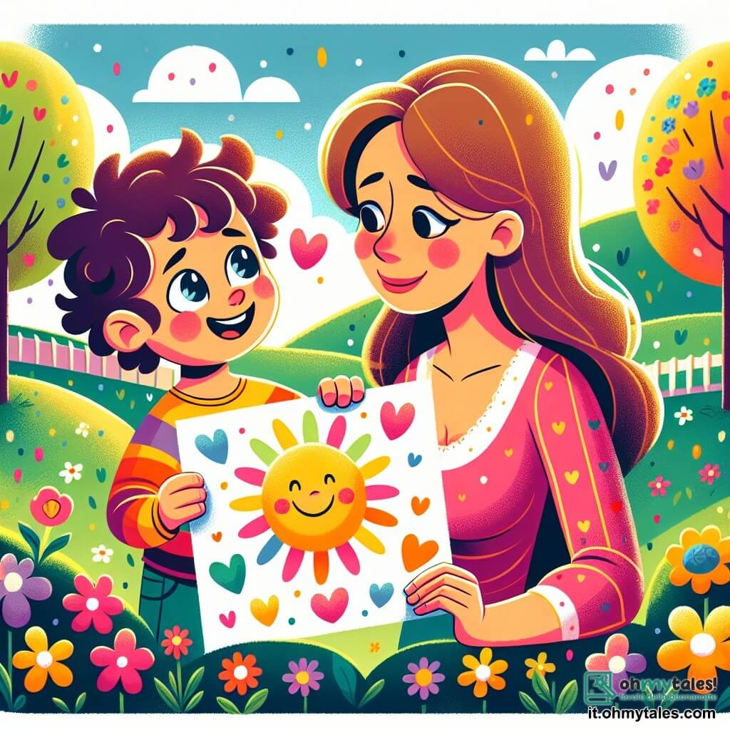 Un bambino di 3 anni, Leo, con capelli ricci e occhi scintillanti di gioia, tiene un grande cartellone colorato con un disegno di sole e cuori. Sorride ampiamente, traboccante di eccitazione e amore per sua mamma. Accanto a lui, sua madre, Anna, una donna dolce di circa 30 anni con capelli castani e un sorriso caloroso, si china verso di lui con lacrime di felicità negli occhi, ammirando il regalo che le offre suo figlio. Sono in un parco soleggiato, con erba verde brillante, alberi fioriti e un cielo blu punteggiato di nuvole bianche. Fiori colorati circondano Leo e Anna, aggiungendo un tocco di magia alla scena. Leo presenta orgogliosamente il suo cartellone a sua madre, mentre condividono un momento tenero e gioioso, celebrando insieme la festa della mamma.