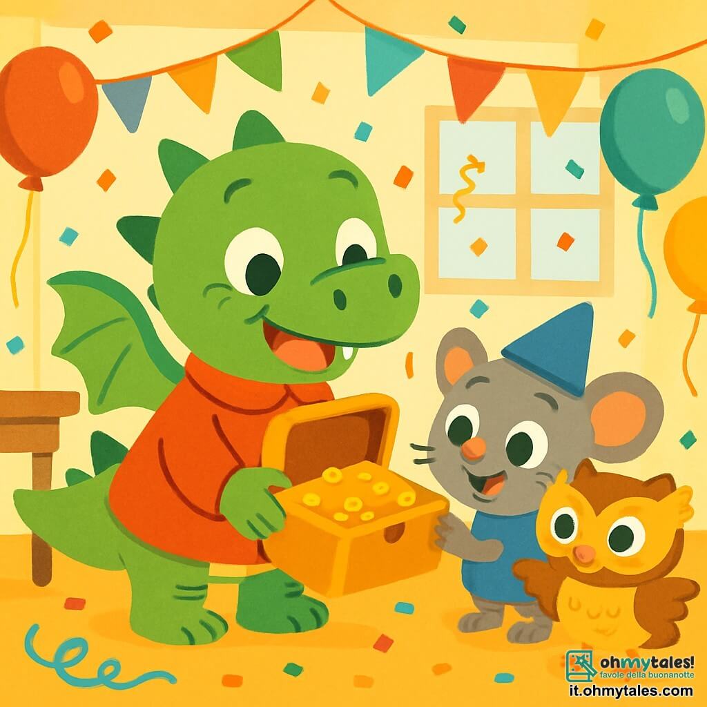 Un piccolo drago verde di nome Didi, con ali morbide e occhi scintillanti di gioia, indossa un mantello rosso e sorride ampiamente tenendo una scatola dorata piena di tesori. Accanto a lui, un piccolo topolino di nome Mimi, con un cappello blu e un'espressione meravigliata, guarda la scatola con occhi brillanti. Un gufo di nome Lalla, con ali dorate e una maschera scintillante, sorride mentre si tiene vicino a Didi, condividendo l'emozione del momento. La scena si svolge in un'aula decorata per il carnevale, piena di palloncini colorati, ghirlande scintillanti e coriandoli che fluttuano nell'aria. Al centro dell'immagine, Didi, Mimi e Lalla scoprono insieme il tesoro del carnevale, circondati da un'atmosfera festosa e gioiosa, piena di risate e amicizia.