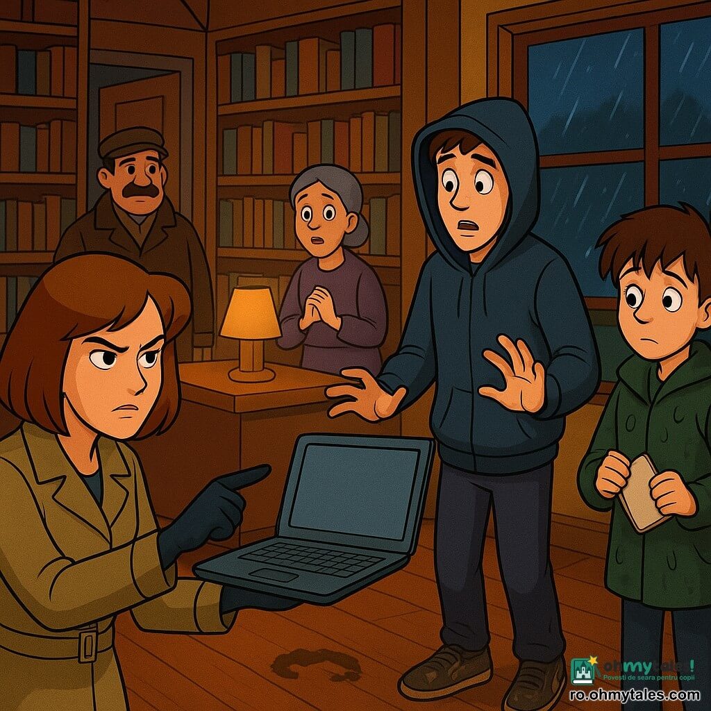 O detectivă (Mara) auzită și calmă, păr castaniu bob, vestă kaki și mănuși subțiri, ținând un laptop deschis și arătând spre ecran; un adolescent (Rareș, ~17 ani) în glugă, încălțări murdare cu semilună, surprins și vinovat, pas înapoi lângă o masă; un băiat timid (Radu, ~12 ani) cu păr ciufulit, palton ud, lângă fereastră ținând un carnet; bibliotecara (Doamna Pătrău) cu păr gri la coc, îngrijorată dar ușurată, mâinile împreunate; un portar moustacios (Nea Ghiță, ~60 ani) în ușă; încăpere de bibliotecă nocturnă, rafturi din lemn închis, fereastră aburită cu ploaie, birou cu PC și cablu USB, mic router cu antene pe masă și o urmă de noroi în formă de semilună pe parchet; situație: confruntare clară și tensionată — detectiva acuză tânărul, lumină caldă a lampilor, atmosferă dramatică dar potrivită copiilor.