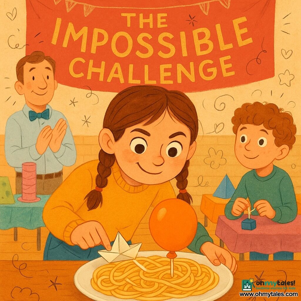 A 10-year-old girl with chestnut hair in two braids, large mischievous eyes and a determined smile, wearing a mustard-yellow sweater and jeans, delicately holds a paper boat at the edge of a spaghetti tray; a male judge (~40) with a crooked blue bow tie smiles and claps from the left background; a curly-haired 9-year-old boy at right readies a mini-servo on the table, looking at the girl with admiration. The bright school gym has a wooden floor, tables of colorful projects, a red velvet banner reading THE IMPOSSIBLE CHALLENGE and paper bunting. At center sits a large tray-island with a fragile maze of cooked spaghetti glued to the tray, an orange balloon in the heart of the maze, and the paper boat with a straw tied by an elastic gently grazing the balloon. The scene is warm and clear, saturated pastel colors, visible textures (shiny noodles, crumpled paper, polished wood), soft expressions, precise gestures, dynamic composition with a medium close zoom.