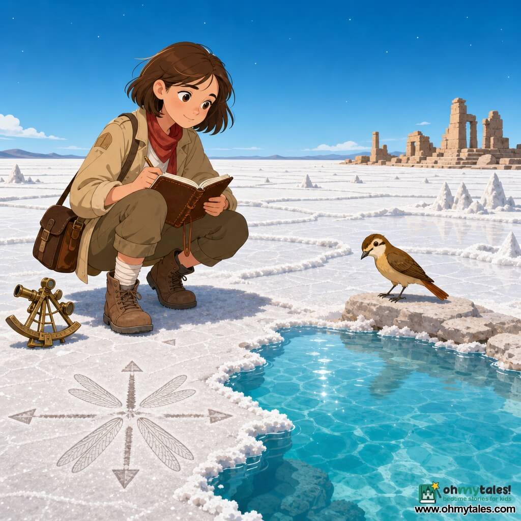 A young female explorer (about 12–14) with short brown hair, a red scarf and beige canvas jacket crouches by a small vivid blue oasis on a vast white salt plain—her face determined with a slight smile, a leather notebook in her hands and a sextant beside her, right ankle bandaged; a small brown-yellow bird perches on a nearby stone to her right, fossilized dragonfly wings are engraved in the salt as a directional motif, low ochre ruins and sculpted salt ridges lie in the distance under a wide clear sky with pale stars near the horizon, bright sunlight creating sharp reflections and a mood of calm wonder and discovery.