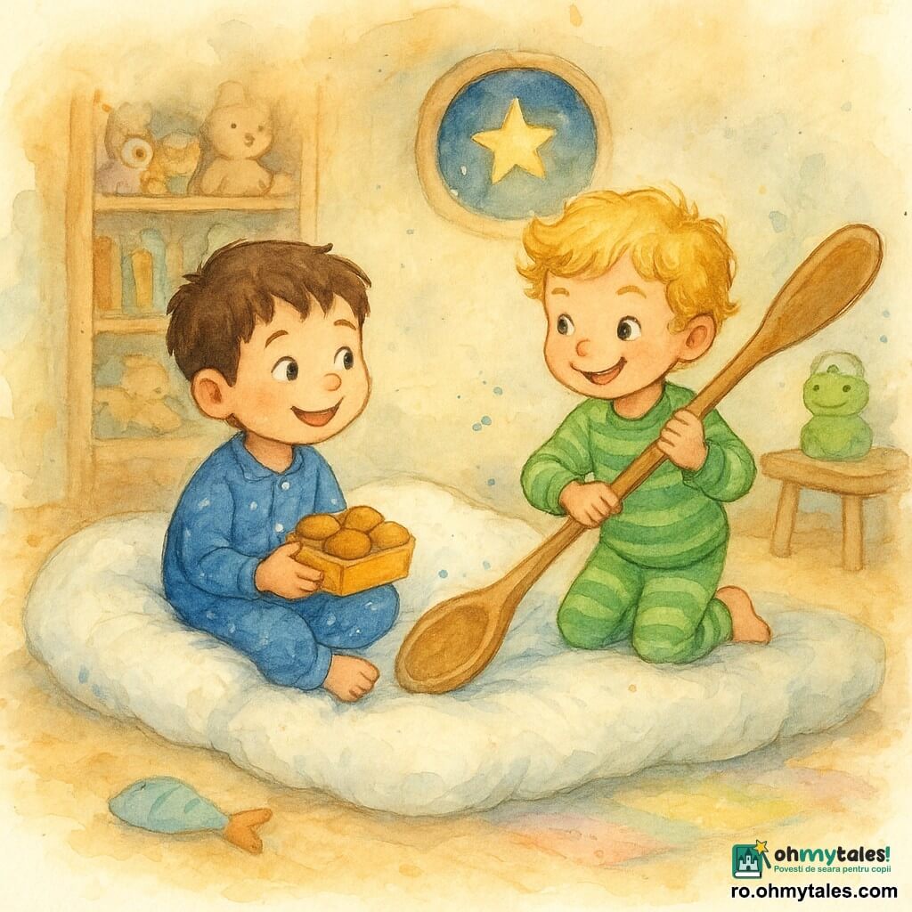 Sunt doi băieți de 4 ani: Matei, păr brun scurt, ochi veseli, în pijama albastră cu steluțe, așezat pe o pernă-nor albă și pufoasă în stânga, ținând o cutiuță imaginară cu brioșe și privind spre dreapta; Andrei, păr blond ondulat, zâmbet ștrengăresc, în pijama în dungi verzi, în dreapta pe aceeași pernă-nor, ținând o lingură mare de lemn ca pe o vâslă. Camera e caldă, cu podea din lemn deschis, covor pastel, rafturi cu jucării și plușuri, o fereastră rotundă cu o stea strălucitoare, jucării risipite; atmosfera e blândă, în tonuri acuarelă calde (bej, albastru pal, verde), texturi pufoase și accente de stropi de culoare. Cei doi se joacă pe perna-nor care pare să plutească ușor deasupra covorului; Matei se joacă cu brioșele imaginare iar Andrei vâslește cu lingura, zâmbete largi și mișcări ușoare, accent pe complicitate și tandrețe înainte de culcare.