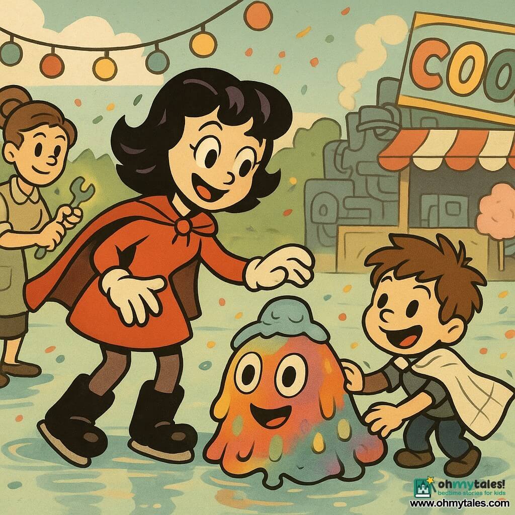 Petra Spark, a cheerful, determined woman with black hair tinted violet, squeaky boots and a short red cape, smiles confidently and reaches out to place a tiny frozen hood on a gooey rainbow blob; Tula, a thirty-ish technician with a cinnamon-roll bun, stands by a singing toolbox near cooling machines, adjusting a small glowing gadget to Petra’s left; Benny, a tousle-haired six-year-old wearing a tablecloth cape, kneels near the rink edge, marveling and laughing as he pets the blob; the shy-but-amused blob, a large colorful mass with round eyes and sticky drips, rolls gently on a glossy summer ice rink (half ice, half water reflections) amid lantern garlands, cotton-candy stands, rainbow “COOL!” signs and a softly steaming cooling machine, while Petra helps it learn to skate, children applaud, confetti and sparkling puddles scatter, saturated colors, soft rubber-hose contours, warm, humorous atmosphere.