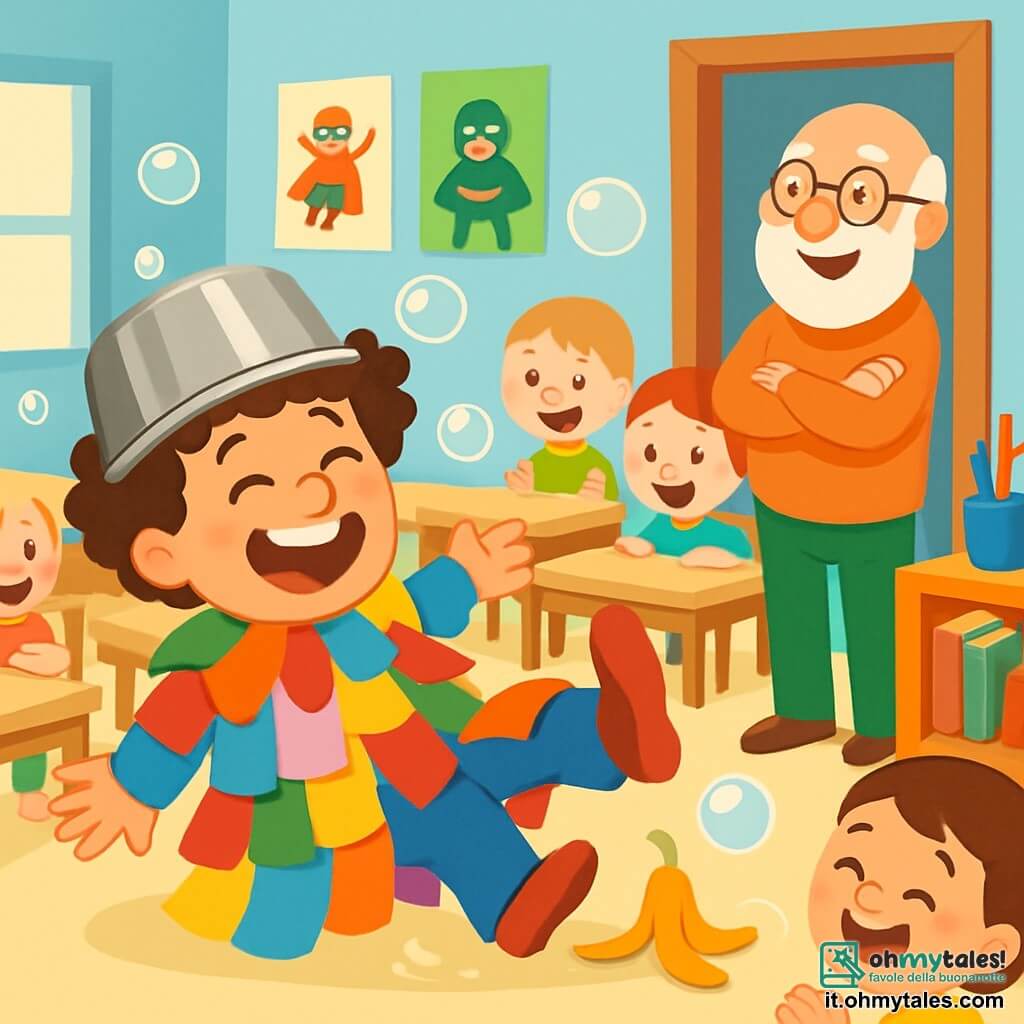 Super Bolla, un uomo dai capelli ricci e dal sorriso splendente, indossa un mantello fatto di brillanti tovaglioli multicolori e un casco da cucina in metallo. Sta ridendo, con gli occhi scintillanti di gioia, mentre cerca di rialzarsi dopo essere scivolato su una banana. Accanto a lui, il maestro, un uomo di circa 50 anni con una lunga barba bianca e occhiali rotondi, osserva la scena con un sorriso divertito, con le braccia incrociate. Si trova vicino alla porta dell'aula, circondato da libri e matite colorate. L'ambiente è un'aula luminosa, con pareti dipinte di azzurro chiaro, poster di supereroi appesi e banchi di legno ben ordinati. La situazione principale mostra Super Bolla che, dopo la caduta, libera bolle di sapone che fluttuano nell'aria, creando un'atmosfera gioiosa e ludica, mentre gli altri bambini ridono e applaudono intorno a lui.