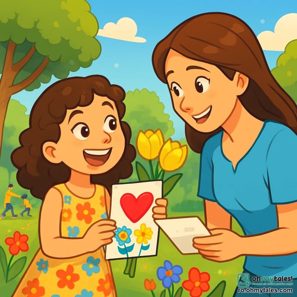 O fetiță de 10 ani, Ana, cu părul brun și creț, zâmbind fericit și având ochii strălucind de năzbâtii, ține un buchet de lalele galbene într-o mână și o scrisoare colorată în cealaltă. Poartă o rochie ușoară cu flori și se află într-un parc însorit, înconjurată de verdeață strălucitoare. Lângă ea, mama ei, o femeie de aproximativ 35 de ani, cu părul lung și castaniu, îmbrăcată într-o bluză bleu deschis, o privește cu tandrețe, având ochii strălucind de emoție. Este ușor aplecată înainte, pregătită să citească scrisoarea pe care fiica ei i-o întinde. Parcul este plin de flori colorate, copaci mari cu frunziș dens și un cer albastru deschis presărat cu câteva nori albi pufoși. Familii se distrează în fundal, adăugând o atmosferă festivă scenei. Ana își oferă cadoul mamei pentru ziua mamei, având un aer de mândrie și excitație pe față, în timp ce mama, emoționată, zâmbește și se pregătește să citească scrisoarea plină de dragoste.