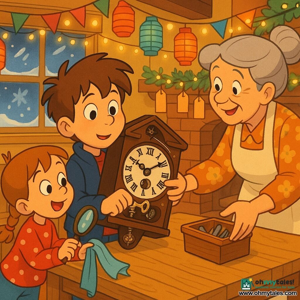 A 10-year-old boy with messy brown hair, wide bright eyes, navy jacket and jeans, holds a dark wooden antique clock to his chest and turns a small key while a playful 6-year-old sister with braided hair, wearing a red polka-dot sweater, stands on tiptoe holding a magnifying glass and a silk scarf; their grandmother with gray hair in a bun, a floral dress and cream apron, smiles and leans over the light wooden table to hand a small toolbox and touch the clock; the clock has a cream dial with black Roman numerals, a shiny brass key in the lock and a visible spring and gear; the warm family kitchen shows tools, cups and cookies on the table, paper garlands, colorful lanterns and yellow string lights, a frosted window with snow and a decorated mantel — a collective repair moment just before the holiday Eve as the boy winds the clock, the sister watches excitedly and the grandmother encourages, bathed in golden light with visible wood and fabric textures and a festive, anticipatory atmosphere.