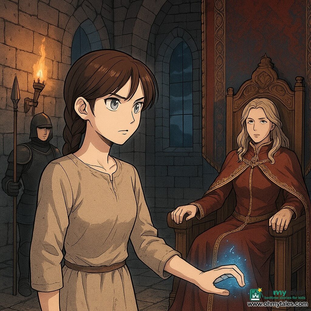 Isabeau, a determined young woman with silvery moon-bright eyes, braided brown hair and a simple linen dress, stands with her right hand on a moss-covered stone wall where a pulsing blue magical glow appears; Eleanor, a calm authoritative queen of about 45, sits on a large carved wooden throne wearing a shimmering gold-embroidered cloak with her hands on the armrests and watches Isabeau from the back of the hall; to the left of the throne a reserved 25-year-old guard in dark armor holds a vertical spear and looks toward the entrance; the scene is a medieval castle great hall with cold stone walls, rich red and blue tapestries, flickering torches casting long shadows and narrow windows showing a stormy sky — the queen summons the heroine to entrust her with a quest, tension is palpable, blue magic glints against the stone, composition centers the face-off between Isabeau and the queen, dramatic but child-appropriate, with warm torchlight contrasting the cool magical glow.