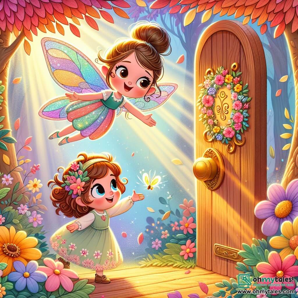 A small fairy named Lila, with shimmering rainbow-colored wings, joyfully flies above a wooden door adorned with colorful flowers. Her face radiates excitement and kindness as she reaches for a lost golden key. Next to her, Mia, an 8-year-old girl with curly brown hair, wears a light dress with floral patterns. She gazes at Lila in wonder, her eyes sparkling with curiosity, while standing in front of the magical door. The setting is an enchanted clearing surrounded by trees with multicolored leaves and flowers that seem to dance in the wind. Sunlight filters through the branches, illuminating the scene with a soft golden glow. The main situation shows Lila and Mia discovering the magical door together that leads to a fantastical world filled with joyful animals and vibrant colors, symbolizing the friendship and adventure that awaits them.