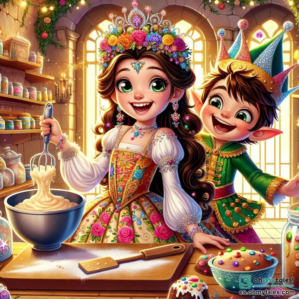 La princesa Lila, una niña de aproximadamente 8 años, tiene largos cabellos rizados y brillantes, adornados con una corona colorida. Lleva un vestido brillante con motivos de flores y purpurina que centellea. Su rostro está iluminado por una gran sonrisa, mostrando su emoción y alegría, mientras sostiene una espátula en una mano y un gran bol de masa de pastel en la otra. A su lado, Pepito, un pequeño duende travieso de unos 6 años, con orejas puntiagudas y un sombrero verde brillante, se ríe a carcajadas. Está cubierto de harina y trata de atrapar un trozo de masa que se escapa de la mesa. La escena se desarrolla en una cocina encantada, llena de utensilios coloridos, tarros de golosinas brillantes y ventanas que dejan entrar una luz dorada. Las estanterías están llenas de libros de recetas mágicas y las flores bailan al ritmo de una suave brisa. La situación principal muestra a Lila y Pepito preparando un enorme pastel mágico, pero la masa desborda por todos lados, creando un alegre desorden. Risas resuenan en el aire, mientras una nube de harina flota a su alrededor, añadiendo un toque de magia a su aventura culinaria.