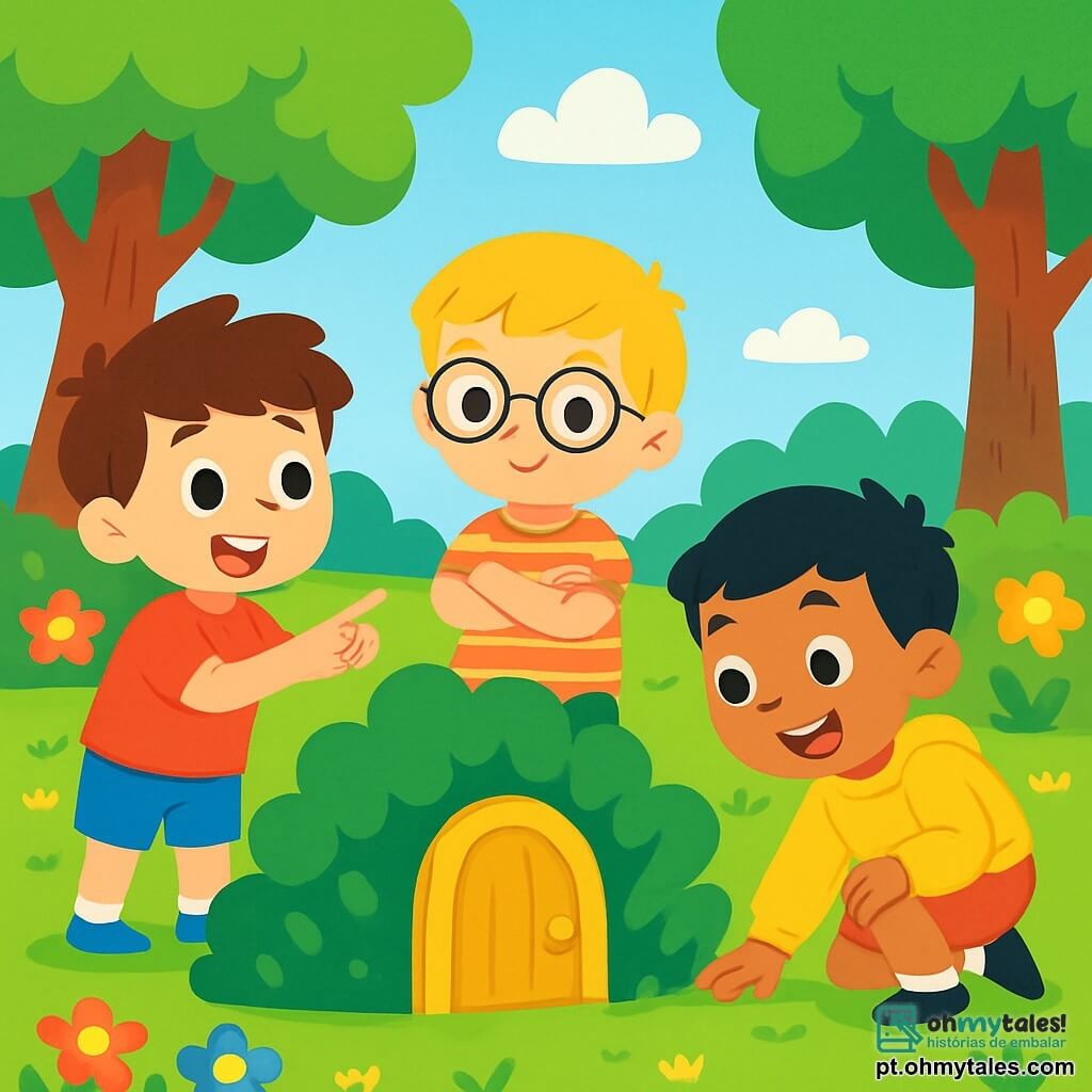 Há 3 personagens: - Lucas: um menino de 4 anos, com cabelos castanhos bagunçados e olhos brilhantes. Ele usa uma camiseta vermelha e um short azul. Ele está à esquerda, apontando para a portinha dourada. - Davi: um menino de 4 anos, com cabelos loiros e óculos redondos. Ele veste uma camisa listrada e uma calça verde. Ele está no centro, de braços cruzados, olhando para a porta com curiosidade. - Tiago: um menino de 4 anos, com cabelos negros e um grande sorriso. Ele usa um moletom amarelo e um short laranja. Ele está à direita, agachado, examinando o chão ao redor da porta. O local é um jardim encantado, cheio de flores coloridas, grandes árvores com folhas verdes brilhantes e um gramado bem cuidado. Ao fundo, um céu azul com nuvens fofas adiciona um toque de magia à cena. A situação principal mostra os três pequenos aventureiros descobrindo uma pequena porta dourada escondida atrás de um arbusto. Eles estão maravilhados e cheios de empolgação, prontos para entrar em um mundo misterioso cheio de surpresas.