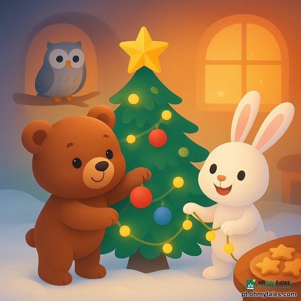 Um pequeno urso marrom chamado Bruno, com pelagem macia e fofa, decora alegremente um pinheirinho de Natal com bolas coloridas e uma estrela dourada brilhante no topo. Ao lado dele, o coelho Tito, com suas longas orelhas brancas e um sorriso radiante, ajuda segurando uma guirlanda luminosa. Ao fundo, a coruja Bia, com penas cinzas e olhos sábios, observa de um galho do pinheirinho. O chão está coberto de neve branca e brilhante, criando uma atmosfera mágica de inverno. O interior da casa de Bruno é acolhedor, com luzes suaves e biscoitos em forma de estrelas sobre uma mesa de madeira.