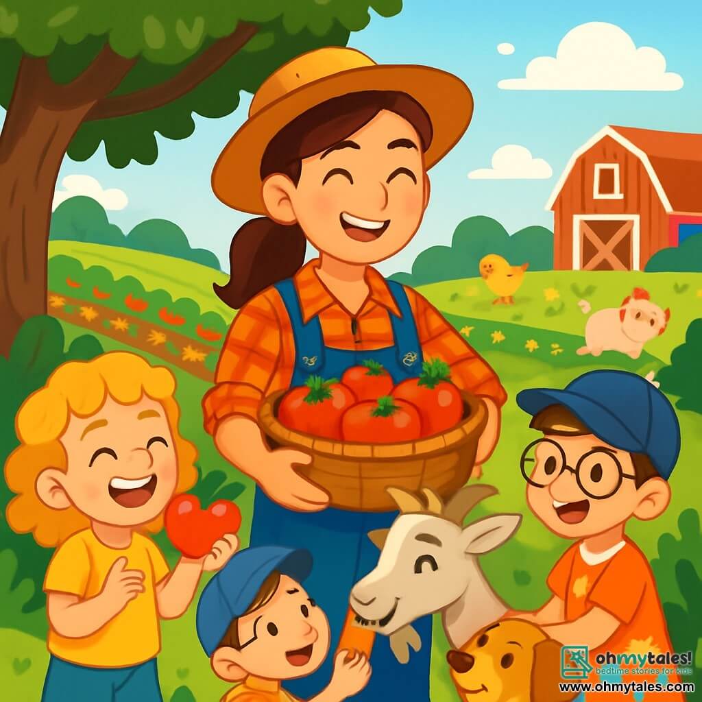 A smiling farmer, Farmer Lucy, is at the center of the image. She is a woman in her 30s with brown hair tied in a ponytail, wearing a red plaid shirt and jeans. She holds a basket filled with colorful tomatoes, with sparkling eyes and a big smile. Next to her are three children: Mia, an 8-year-old girl with curly blonde hair, laughing while holding a heart-shaped tomato; Sam, a 7-year-old boy with glasses and a cap, trying to feed a goat with a piece of carrot; and Ava, a 6-year-old girl in a floral dress, playing with a small dog that looks at them curiously. The setting is a sunny farm with green fields, rows of colorful vegetables, and a large shady oak tree where they rest. In the background, there is an old red barn and animals frolicking happily. The scene depicts Farmer Lucy and the children harvesting tomatoes together, laughing and sharing joyful moments in an idyllic farm life setting.