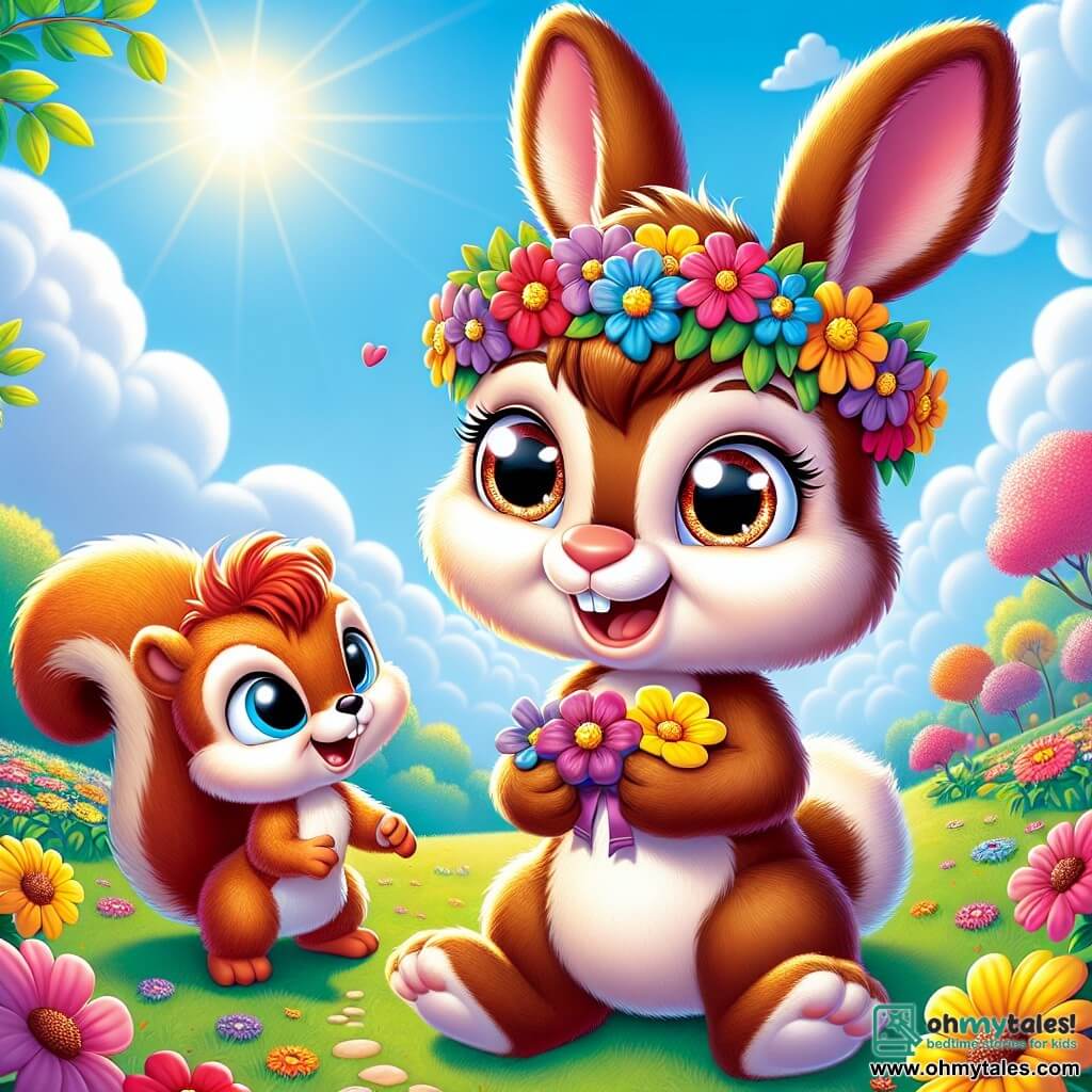 A small plush bunny, Benny, with soft brown fur, large expressive ears, and sparkling joyful eyes, wears a colorful flower crown on his head. He smiles in wonder, holding a beautiful flower crown in his little paws. Beside him, a mischievous squirrel, Sammy, with reddish fur and a bushy tail, looks at Benny with a knowing smile, his eyes shining with excitement. They are in a sunny meadow filled with vibrant flowers under a clear blue sky dotted with fluffy white clouds. The scene depicts Benny surprising his mom with the flower crown, while Mama Bunny, a gentle rabbit with affectionate eyes, stands at the entrance of their burrow, arms open, ready to receive her gift with a warm smile.