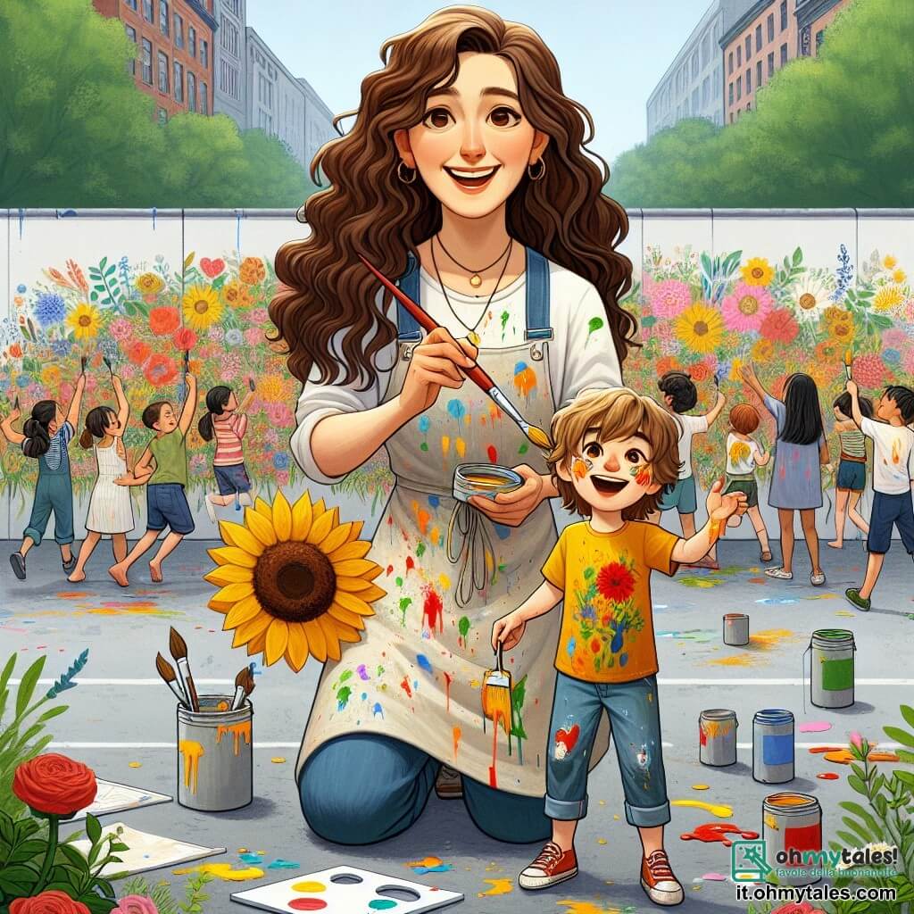 Sofia, un'artista di circa trent'anni, è al centro dell'immagine, con lunghi capelli castani ondulati e un sorriso caloroso. Indossa un grembiule colorato, macchiato di vernice, e tiene un pennello in una mano, mentre con l'altra guida un giovane ragazzo. Luca, un bambino di circa 8 anni, è accanto a lei, con gli occhi brillanti di eccitazione. Ha capelli castani disordinati e indossa una maglietta gialla vivace. Sta dipingendo un grande girasole su un muro, con macchie di vernice sulle guance. Il luogo è un grande muro grigio in un parco, circondato da vegetazione lussureggiante e fiori colorati. Bambini e adulti sono riuniti intorno, ridendo e dipingendo insieme, creando un'atmosfera gioiosa e collaborativa. La scena principale mostra Sofia e Luca mentre trasformano il muro grigio in un magnifico murale vibrante, pieno di fiori e strumenti musicali, simboleggiando l'unità e la creatività della loro comunità.
