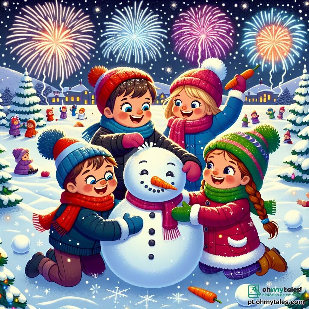 Quatro amigos felizes estão em um parque coberto de neve, cercados por flocos de neve brilhantes. Lila, uma menina de 8 anos com longos cabelos castanhos e um gorro vermelho, sorri segurando uma bola de neve. Ao lado dela, Tomás, um menino de 9 anos com óculos e um casaco azul, rola outra bola de neve para o boneco de neve. Bia, uma menina de 7 anos com tranças e um cachecol rosa, ri enquanto coloca uma cenoura no nariz do boneco. Por fim, Nino, um menino de 8 anos com cabelos loiros e um gorro verde, levanta os braços animado com os fogos de artifício que iluminam o céu. O parque está cheio de neve brilhante, com pinheiros decorados e luzes coloridas. O céu é escuro, mas os fogos de artifício explodem em cores vivas, criando uma atmosfera festiva e mágica. Os amigos celebram o Ano Novo construindo um boneco de neve e admirando os fogos de artifício, enquanto se preparam para fazer seus desejos para o próximo ano.