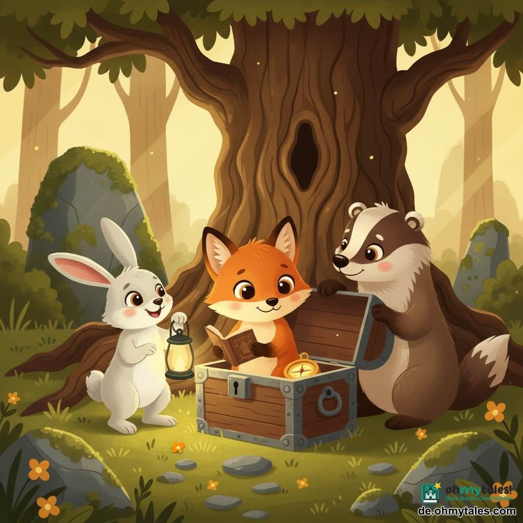 Ein kleiner rotbrauner Fuchs (Hauptfigur) mit runden glänzenden Augen und sanftem Lächeln sitzt vor einer alten offenen Metalltruhe; er hält behutsam ein leuchtendes kleines Buch und einen bernsteinfarbenen Kompass in den Pfoten, sein Ausdruck ist staunend und friedlich. Eine weiße Häsin mit großen Ohren (Nebenfigur) steht links vom Fuchs, neugierig und fröhlich, hält eine brennende Laterne und beleuchtet die Szene. Ein kräftiger brauner Dachs (Nebenfigur) steht rechts, stolz und wohlwollend, legt eine Pfote schützend auf die Truhe und schaut den Fuchs liebevoll an. Schauplatz: eine Lichtung unter einer großen alten Eiche mit verwurzeltem Boden, Moos, kleinen gelben Blumen, goldenen Sonnenstrahlen, einige moosige Steine und eine Ruine im Hintergrund schaffen Geheimnis. Hauptsituation: Die Freunde entdecken statt Gold einen leuchtenden Kompass und ein Buch; warme Farben, sanfte Kontraste, einfache klare Komposition, deutliche Formen und runde Konturen für einen kindlichen beruhigenden Eindruck.