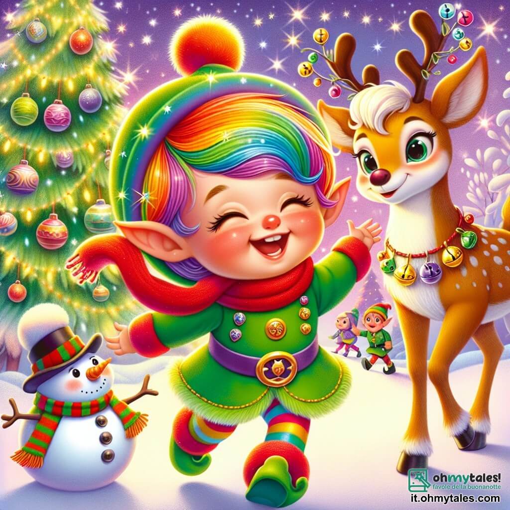Pippo, un piccolo elfo dai capelli colorati come un arcobaleno e con un grande sorriso luminoso, corre gioiosamente verso i suoi genitori. Indossa un costume verde brillante ornato di piccoli campanelli che tintinnano a ogni passo, e il suo volto esprime immensa gioia e sollievo. Accanto a lui c'è Fiocco, un grosso pupazzo di neve con un corpo rotondo e soffice, una sciarpa rossa brillante attorno al collo e un elegante cappello nero. Sorride calorosamente, con le braccia aperte come per accogliere Pippo. Stella, una bella renna dal manto marrone dorato, si trova un po' in disparte. Ha grandi occhi dolci e una campanella dorata che brilla al sole, e la sua espressione è amichevole e incoraggiante, come se fosse orgogliosa di aver aiutato Pippo. La scena si svolge sotto un enorme albero di Natale illuminato, decorato con ghirlande scintillanti e palline colorate, in mezzo a un vivace mercatino di Natale, con luci scintillanti e bambini che ridono sullo sfondo. Pippo ritrova finalmente i suoi genitori sotto l'albero, dopo essere stato perso, e corre verso di loro con felicità, circondato dai suoi nuovi amici, celebrando la magia del Natale e l'amicizia.