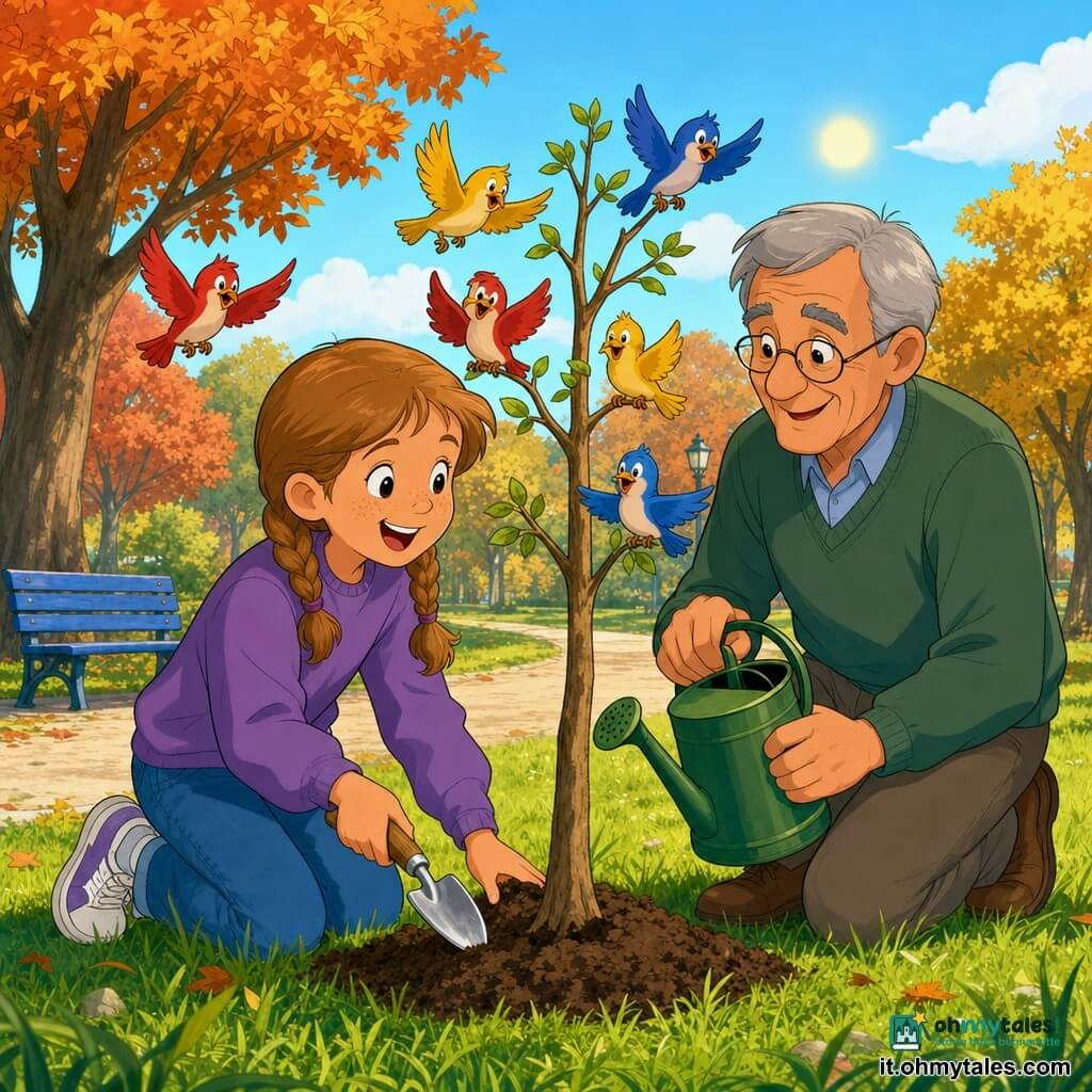 Bambina di 10 anni dai capelli castano chiaro in due trecce, viso rotondo con lentiggini, sorridente e meravigliata mentre tiene una piccola paletta di metallo e sistema la terra attorno a un giovane albero; nonno di circa 65 anni, capelli grigi corti e occhiali tondi, sorriso dolce, inginocchiato accanto a lei con un annaffiatoio verde, entrambi felici e orgogliosi; piccoli uccellini colorati (rosso, blu, giallo) volano e si posano sui rami bassi; parco luminoso con prato verde, vialetto ghiaioso, panchina blu, alberi maturi con foglie autunnali arancioni e dorate e cielo azzurro tenue; scena centrale in stile cartone animato anni '90, colori saturi, contorni netti, vista all'altezza dei bambini che trasmette gioia e speranza.