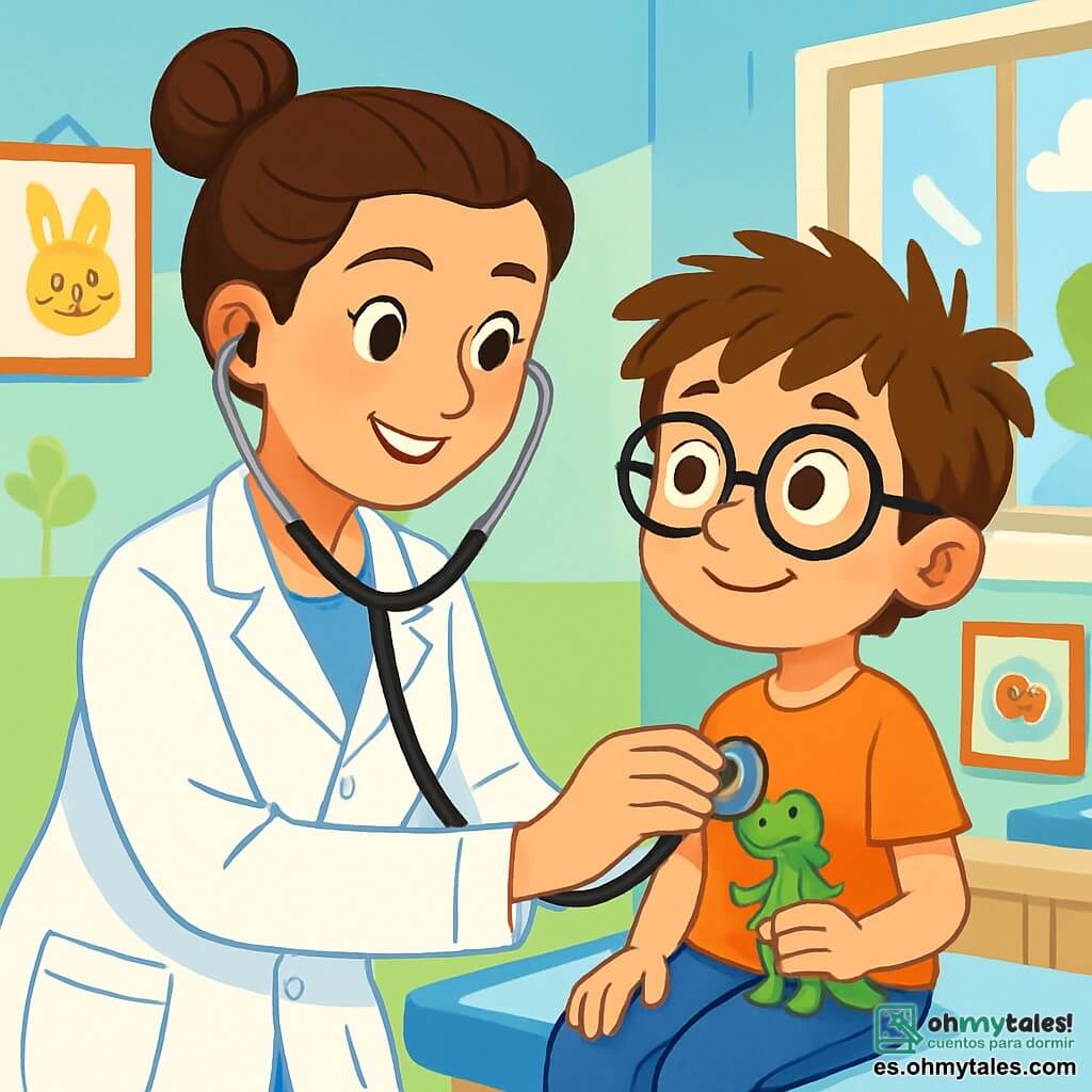 La doctora Lucía es una mujer sonriente, que lleva una bata blanca impecable, con el cabello castaño recogido en un moño. Sus ojos brillan de determinación y bondad mientras escucha el corazón de un niño. Matías, un niño de 8 años con grandes gafas y el cabello despeinado, está sentado en la mesa de examen, sosteniendo un pequeño dinosaurio de plástico, mostrando una sonrisa tímida pero segura. El entorno es un consultorio médico luminoso, con paredes pintadas de azul y verde, decoradas con dibujos de animales sonrientes. Una gran ventana deja entrar la luz del sol, iluminando una pequeña mesa con libros de cuentos y una bonita acuarela de un pez naranja nadando en una burbuja. La escena principal muestra a Lucía examinando a Matías con un estetoscopio, mientras él escucha el latido de su corazón, creando un momento de complicidad y confianza entre ellos.