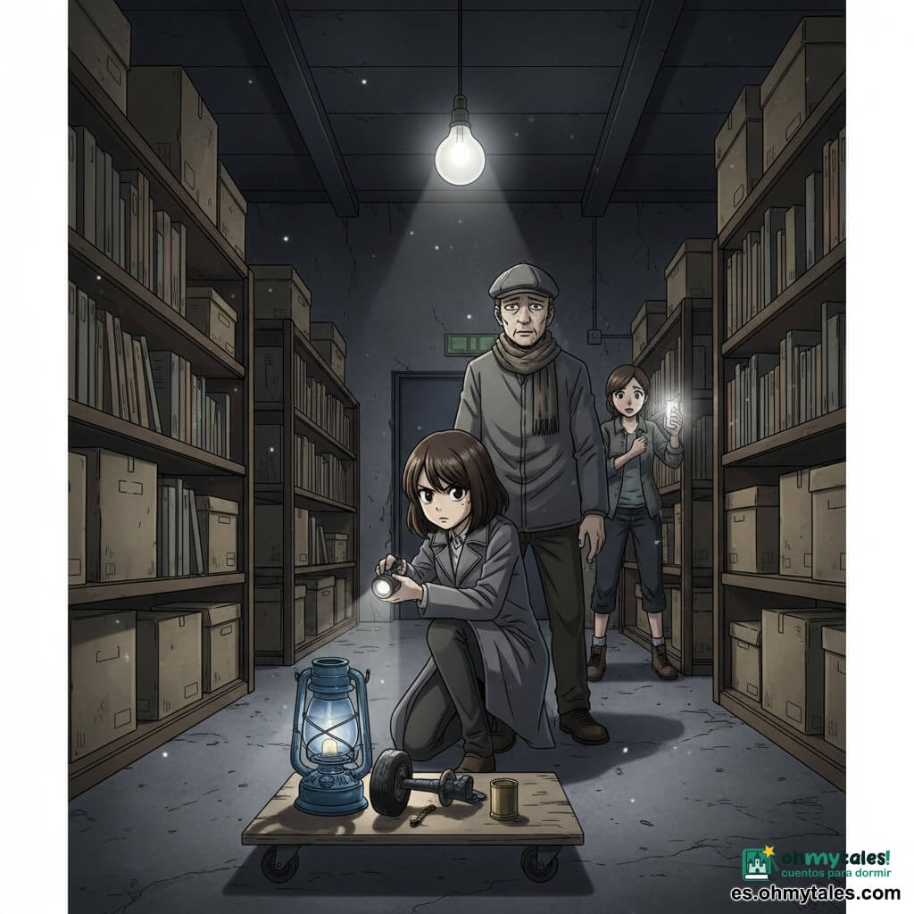 Chica detective: mujer joven de cabello castaño oscuro a la altura de la mandíbula, abrigo largo gris, mirada concentrada y decidida, sostiene una pequeña linterna encendida y examina una plataforma baja con ruedas; postura de investigadora, ligera flexión de rodilla, estilo manga claro y dinámico. Hombre sospechoso: hombre de unos 50 años con gorra gris y bufanda, rostro cansado pero tenso, manos vacías delante de él, de pie junto a las estanterías, mirada culpable y melancólica cerca de la plataforma. Testigo: mujer de unos 20 años, barista, pelo recogido, expresión preocupada, de pie junto a la puerta trasera con las manos apretadas sobre el pecho. Colega: mujer de unos 40 años, responsable del edificio, de aspecto firme, ropa de trabajo, teléfono con luz de alerta, en la entrada del pasillo lista para intervenir. Lugar: almacén oscuro y polvoriento de biblioteca con estanterías altas de madera, cajas apiladas, suelo de hormigón con marcas de ruedas y una bombilla desnuda que oscila proyectando sombras largas; polvo visible en los rayos de luz. Objetos clave: vieja lámpara de vidrio azul sobre una plataforma baja con ruedas de goma negra, llave caída en el suelo, pequeño cilindro de latón parcialmente visible, cinta adhesiva negra en la plataforma. Situación: tensa confrontación entre los pasillos, iluminación dramática de bombilla parpadeante y linterna creando reflejos y sombras, suspensión visual sin violencia, composición centrada en la detective, la plataforma y la lámpara azul.