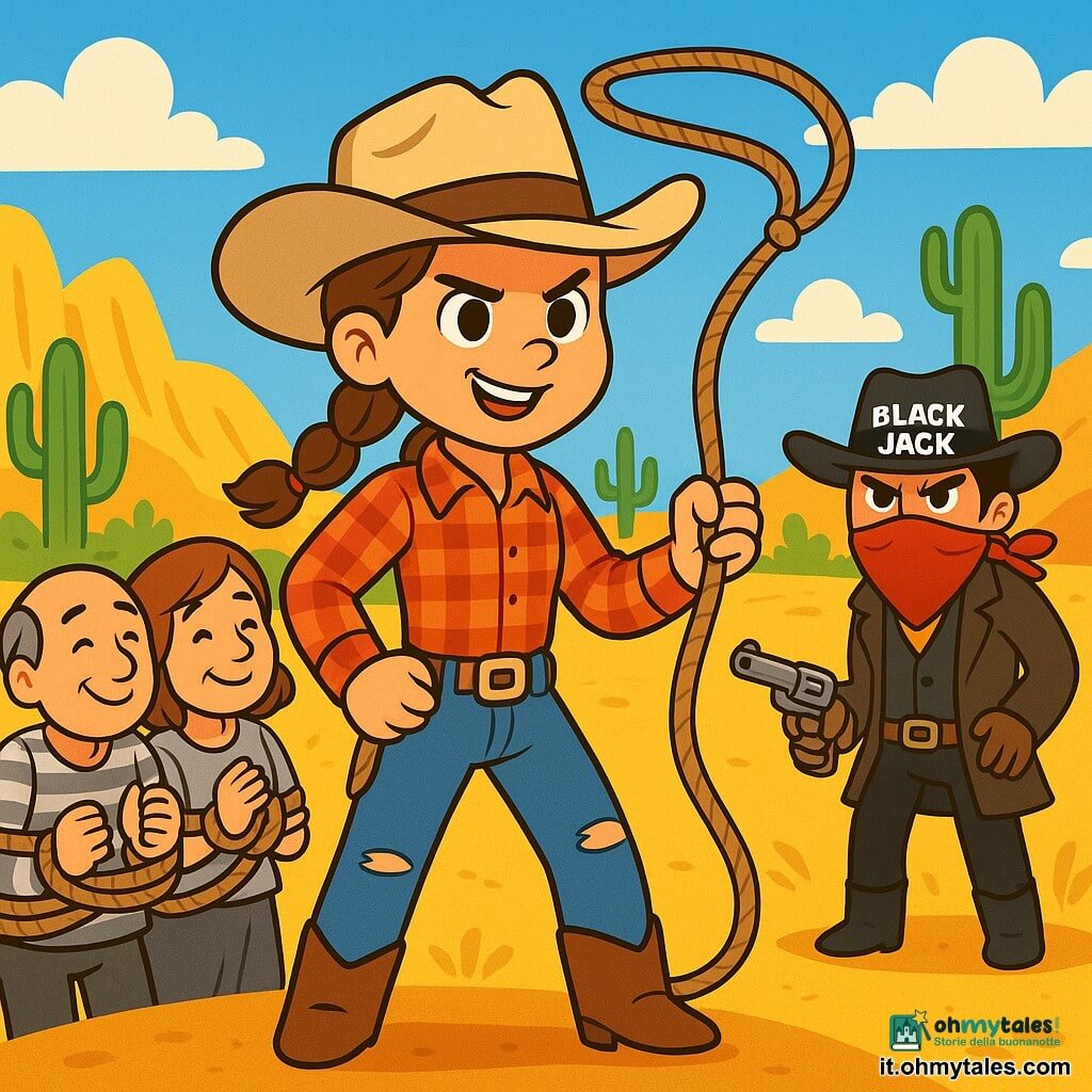 Una giovane cowgirl, Sofia, è al centro dell'immagine, con i capelli castani raccolti in una treccia e un grande sorriso determinato sul volto. Indossa un cappello da cowboy beige, una camicia a quadri rossi e jeans usurati, mentre tiene un lasso in mano. Accanto a lei, un gruppo di prigionieri, uomini e donne di mezza età, con espressioni di gratitudine, si stanno liberando dalle corde che li legano. Sullo sfondo, un vasto paesaggio del Far West si estende, con colline dorate, cactus verdi e un cielo blu brillante punteggiato di nuvole bianche. La scena principale mostra Sofia che, con coraggio e determinazione, si prepara ad affrontare il bandito Black Jack, che si trova a distanza con uno sguardo minaccioso, pronto a difendere i suoi compagni.