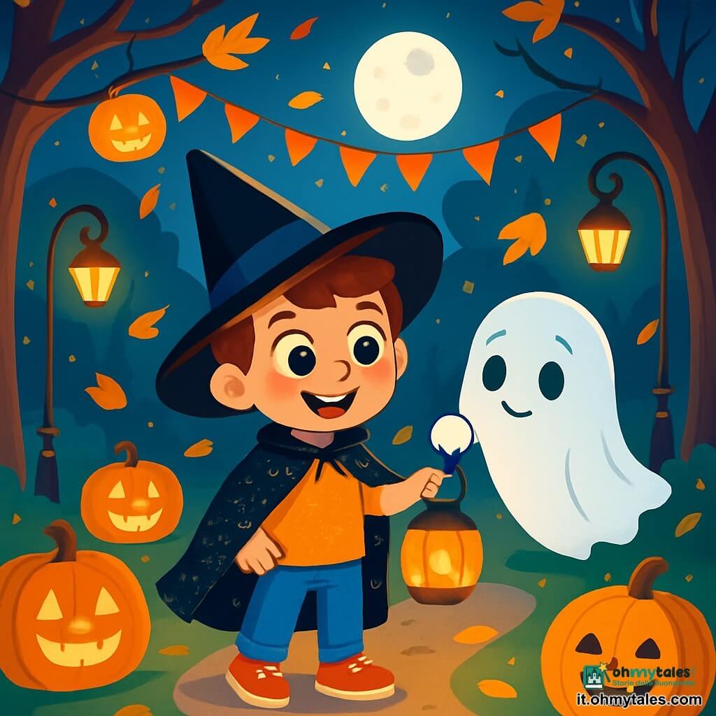 Un ragazzo di 6 anni, di nome Luca, indossa un grande cappello a punta nero e un mantello scintillante. Ha grandi occhi brillanti di curiosità e un sorriso gioioso. Si trova al centro di un parco illuminato da lanterne a forma di zucca, circondato da foglie dorate che cadono dolcemente. Accanto a lui, un piccolo fantasma di nome Lino, con un volto amichevole e occhi tristi, fluttua leggermente sopra il suolo, tenendo una lanterna arancione che illumina il suo sorriso timido. Il parco è decorato con zucche sorridenti, ghirlande di luce e grandi alberi dalle branche contorte, creando un'atmosfera magica e misteriosa. La luna brilla alta nel cielo, proiettando una dolce luce argentata sulla scena. Luca e Lino stanno cercando il peluche perso di Lino, circondati da risate e gioia, mentre altri bambini in costume ballano e cantano intorno a loro, creando un'atmosfera festosa e calorosa.