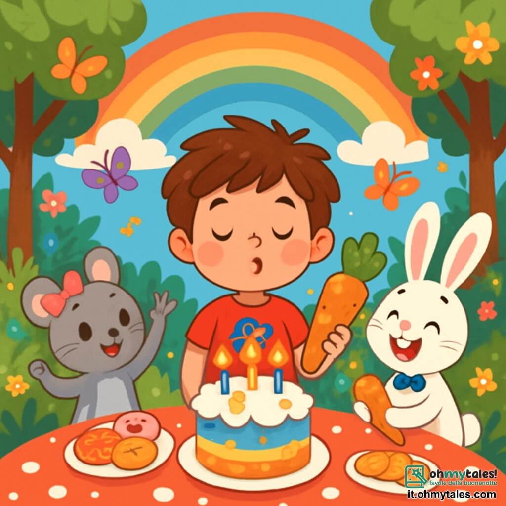 Ci sono 3 personaggi: - Luca: un ragazzo di 6 anni, con capelli castani disordinati e occhi brillanti. Indossa una maglietta rossa con un disegno di supereroe e pantaloni corti blu. È al centro dell'immagine, sorridente e tiene una grande carota decorata. - Tina: una piccola talpa, con pelliccia grigia e occhi rotondi e lucenti. Ha un piccolo fiocco rosa sulla testa e si trova a sinistra di Luca, alzando una zampa come per incoraggiarlo. - Roberto: un coniglio con grandi orecchie, pelliccia bianca e una piccola cravatta blu. È a destra di Luca, tiene una carota scintillante e ride felicemente. Il luogo è un radura incantata, circondata da alberi alti e maestosi, coperti di fiori colorati. Una grande tavola a pois è apparecchiata al centro, adornata di dolci e una enorme torta decorata con nuvole di panna e stelle di zucchero. Il cielo è di un blu brillante, punteggiato di nuvole soffici, e farfalle colorate danzano attorno a loro. La scena principale mostra Luca, circondato dai suoi nuovi amici, mentre soffia le candeline sulla sua splendida torta di compleanno, mentre un arcobaleno di luce scintillante si erge sopra di loro, simboleggiando la magia dell'amicizia e della festa.
