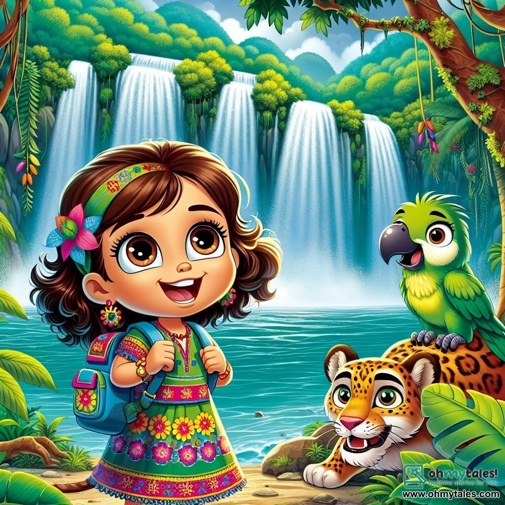A 6-year-old girl named Lily stands at the edge of a beautiful waterfall in the Borneo jungle. She has sparkling brown eyes and curly brown hair that falls on her shoulders. Dressed in a colorful flower-patterned dress and a small backpack, she smiles in wonder at the sight before her. Beside her, a small green parrot named Polly, with bright feathers and a mischievous look, joyfully flies around her, encouraging Lily to explore further. A friendly leopard named Leo, with golden fur dotted with black spots, lazily stretches on a branch, watching the two friends with a kind smile. The setting is a lush jungle filled with tall trees, colorful flowers, and hanging vines. The waterfall sparkles in the sunlight, creating a rainbow in the misty air. Full of curiosity and excitement, Lily is about to discover a secret path behind the waterfall, hoping to find a magical treasure.
