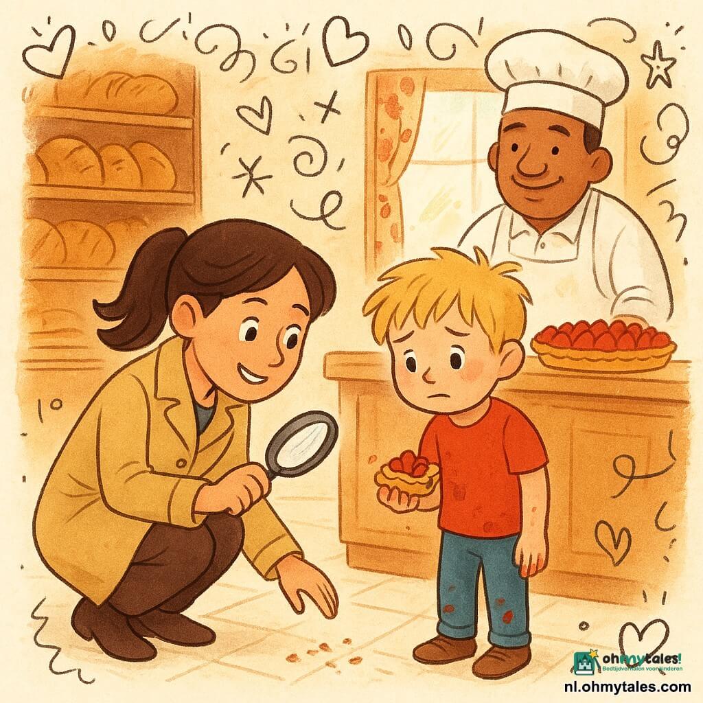 Lotte, een glimlachende, zelfverzekerde vrouwelijke detective met bruin paardenstaart, hurkend en met een vergrootglas, legt vriendelijk aan Tim (ongeveer 8) uit, een beschaamd blond jongetje met rode wangen dat een stuk aardbeientaart vasthoudt en vlekken op handen en schoenen heeft; achter de toonbank staat de vriendelijke, forse bakker meneer Jan (ca. 45) met wit bloemig schort en een onaangeroerde grote aardbeientaart; warme, gezellige bakkerijinterieur met houten etalage en schappen vol goudbruin brood, ochtendlicht, kruimelspoor op de tegelvloer en een sfeer van vergeving en tederheid, warme kleuren en kleine hartjes- en kruimeldoodles.