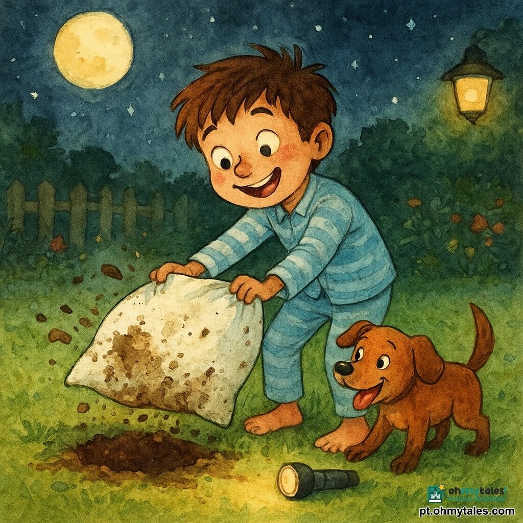 Um menino de 10 anos, rosto redondo, cabelo castanho desalinhado, olhos brilhantes e expressão alegre e aliviada, de pijama listrado azul-claro, puxando uma grande almofada branca coberta de terra de um pequeno buraco; ao lado, um cão pequeno e ruivo chamado Bolinha, orelhas caídas, focinho e patas enlameadas, abanando o rabo com ar maroto; cena num jardim à noite, relva iluminada por uma lâmpada de alpendre suave, lua e estrelas ao fundo, canteiro de flores e cerca de madeira; momento cômico e terno em que o menino ergue a almofada suja enquanto o cão parece orgulhoso do seu "tesouro", com respingos de lama no ar e uma lanterna no gramado projetando um círculo de luz quente.