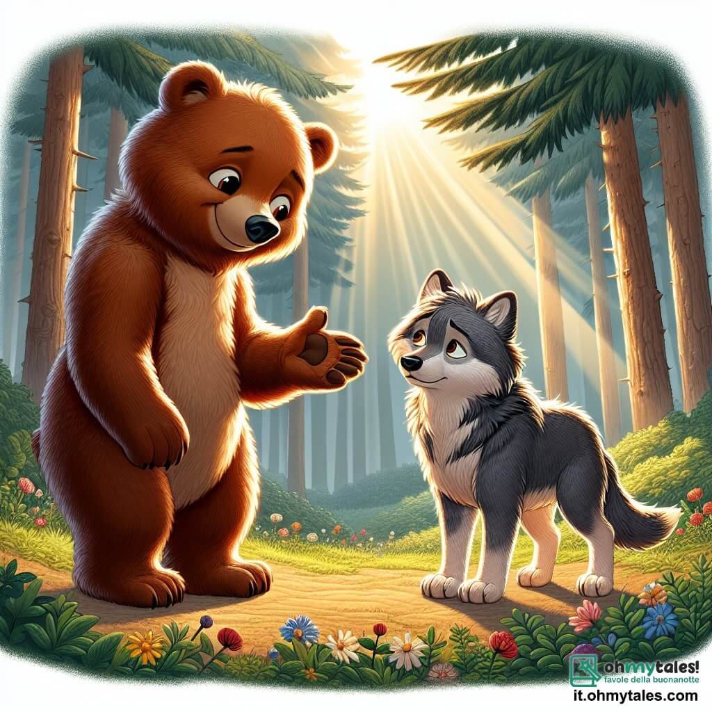 Un giovane orso bruno, con un pelame morbido e occhi scintillanti di curiosità, si trova al centro di una radura soleggiata, mostrando un sorriso caloroso e accogliente. Tende la zampa verso un nuovo compagno, pronto a includerlo nel suo gruppo di amici. Alla sua destra, un giovane lupo grigio, con un pelame setoso e occhi tristi ma pieni di speranza, osserva la scena con una leggera esitazione, un po' in disparte ma pronto a fare un passo avanti. La radura è circondata da alberi maestosi con foglie verdi brillanti e il terreno è cosparso di fiori colorati che danzano dolcemente sotto la brezza. Un raggio di sole filtra tra i rami, illuminando la scena con una luce dorata. La situazione principale mostra l'orso che invita il lupo a unirsi a lui e ai suoi amici, simboleggiando l'accettazione e l'amicizia oltre le differenze, in un momento di connessione e comprensione.