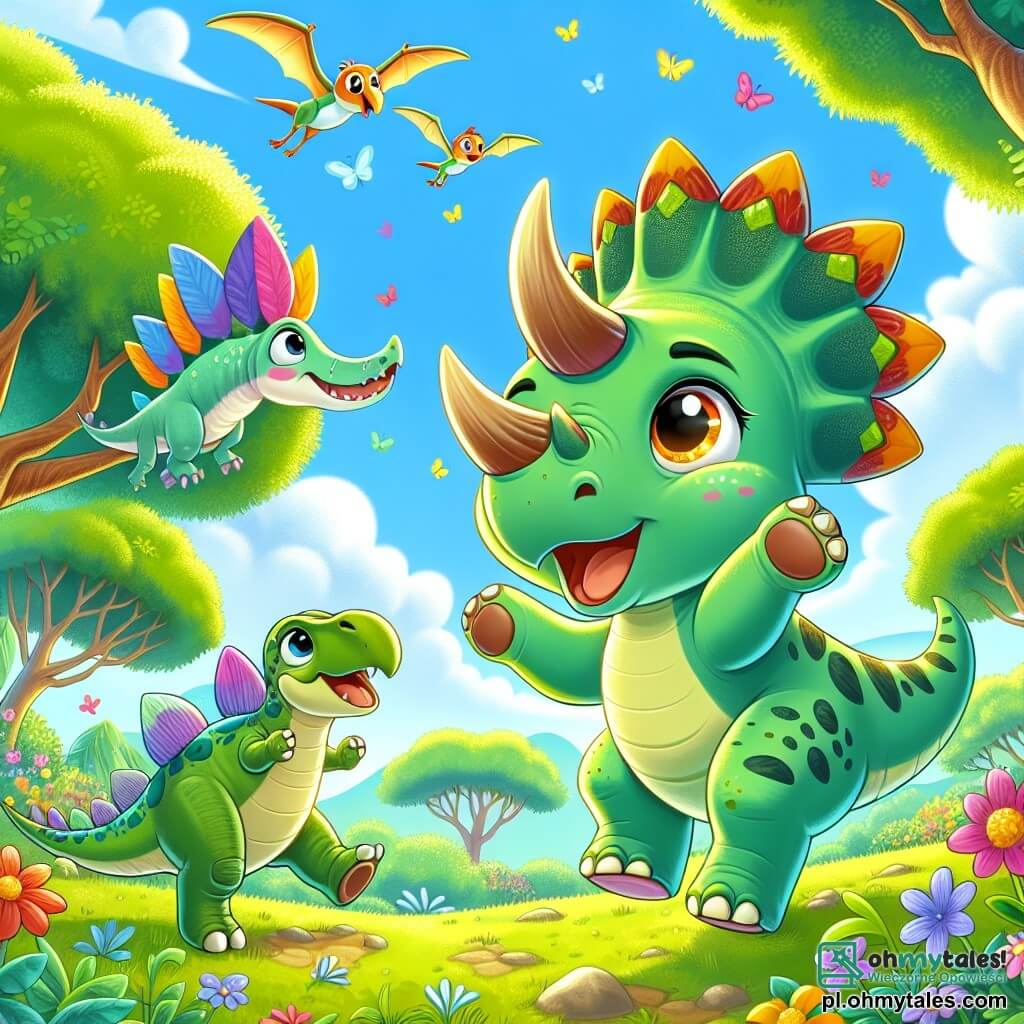 Wesoły triceratops o imieniu Trixie, z jaskrawozieloną skórą i trzema majestatycznymi rozetami na głowie, skacze z radości na słonecznej polanie, jego oczy błyszczą ciekawością i ekscytacją. Obok niego mały stegozaur o imieniu Stegi, z kolorowymi płytkami na grzbiecie i przyjaznym uśmiechem, tańczy, obracając się wokół, podczas gdy pterodaktyl o imieniu Ptero, z dużymi rozpostartymi skrzydłami i jaskrawoniebieskim upierzeniem, lata nad nimi, śmiejąc się. Scena rozgrywa się w bujnej dżungli, pełnej wysokich drzew o grubych pniach, kolorowych kwiatów i wirujących motyli, pod niebieskim niebem z puszystymi białymi chmurami. Trixie i jej przyjaciele bawią się razem, odkrywając piękno otoczenia i celebrując swoją przyjaźń w radosnej i pełnej życia atmosferze.