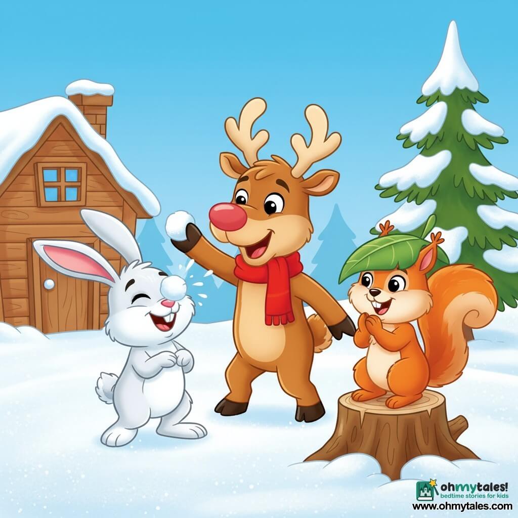 Rudy, a playful smiling reindeer with a light brown muzzle and soft rounded antlers wearing a small red scarf, delights as he tosses a snowball that gently hits a friend's nose; Benny, a white goofy rabbit with large pink ears, stands left of Rudy, laughing with squinted eyes and the snowball on his nose; Sally, a mischievous red squirrel wearing a leaf as a hat, perches on a stump to the right, clapping and watching. Scene: a snowy yard in front of a wooden cottage, sparkling snow on the ground, green firs laden with snow and a pale blue sky. Main situation: a sweet, playful snowball fight with joyful expressions, snow bursting into small white flecks and a warm, safe atmosphere.