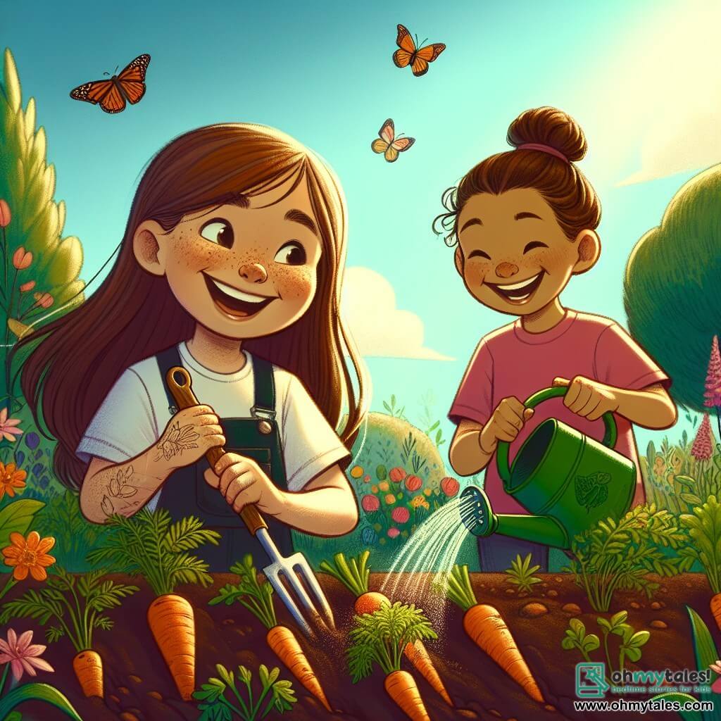 A 10-year-old girl, Sophie, with long brown hair and freckles on her nose, smiles happily while holding a small spade in one hand, her hands covered in dirt as she weeds around carrots in a sunny garden. Next to her, her best friend Lily, also 10, with blonde hair in a bun and a pink t-shirt, waters the plants with a green watering can, laughing and sharing a moment of camaraderie. The garden is vibrant, filled with rows of colorful vegetables, bright flowers, and butterflies flying around, under a clear blue sky dotted with a few white clouds. The scene captures the energy and joy of summer, with children having fun helping nature and learning together.