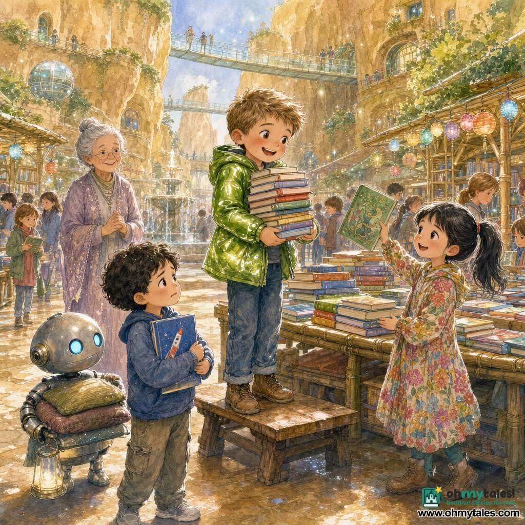 An enthusiastic 8-year-old boy, Milo, with light brown crew-cut hair and a shiny green jacket, smiles as he climbs onto a small bench holding a stack of colorful books; to his right, 7-year-old Lira, playful with black ponytail and a floral dress, waves a green illustrated book; in front of the table, worried-then-relieved 6-year-old Ezra, with curly black hair, clutches a blue book with a rocket; behind the crowd stands the kindly 60-year-old mayor with silver hair in a bun, hands clasped; a small round helper robot with a matte metal body and blue glowing eyes carries cushions and solar lamps to the left; the scene is a lively book-swapping market set in a large plaza carved from golden rock with planted roofs and hanging glass walkways, smooth stone benches, bamboo stalls, colorful lanterns, a central round fountain, and a banner reading "Books for Everyone."