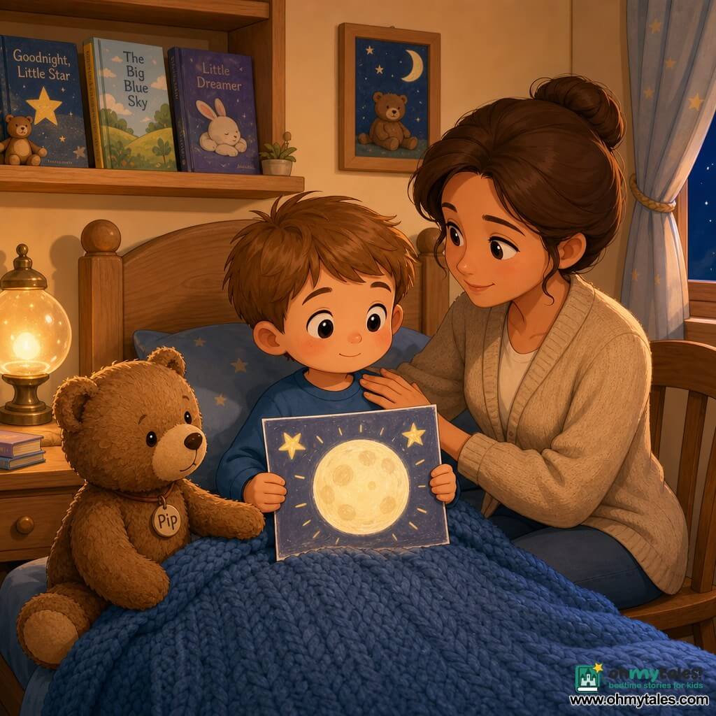 A 4-year-old boy with a round face, rosy cheeks, light brown hair and calm large eyes sits in bed under a blue knit blanket holding a paper with a painted pale moon and three stars, looking sleepy and serene; his mother (about 30–35, brown hair in a bun, fair skin) sits on a chair to his right, smiling gently and resting a hand on his chest, and a small worn brown teddy bear named Pip sits to his left watching the picture; the small warm bedroom has cream walls, a light wood shelf with illustrated books, a soft-glass bedside lamp casting golden light and a sheer curtain revealing a strip of midnight blue sky, with soft shadows, visible textures and a pastel, luminous palette evoking a peaceful bedtime.