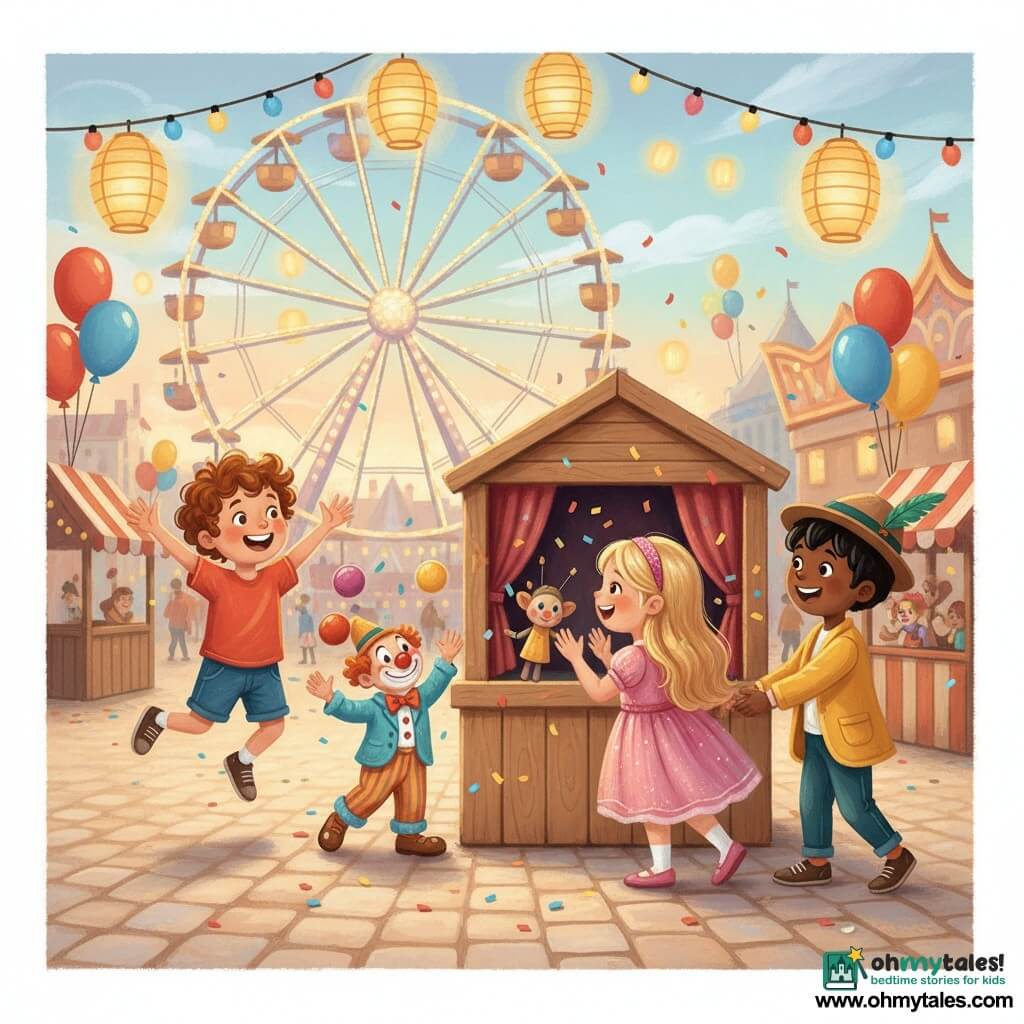 Three children at a colorful carnival square: a 6-year-old boy with curly brown hair, wearing a red T-shirt and blue shorts, jumps left with arms raised toward a sparkling Ferris wheel; a 5-year-old girl with long blonde hair and a glittery headband in a shiny pink dress stands center, watching and clapping at a puppet show; a 6-year-old boy with short black hair, a hat with a green feather and a yellow jacket stands right holding the girl's hand and pointing at a juggling clown. The scene features light-colored cobblestones, striped wooden stalls, multicolored bunting, red, blue and yellow balloons, a lit Ferris wheel and hanging lanterns in a pastel evening sky; confetti falls as the children watch a puppet performance on a small wooden stage while a clown juggles red and yellow balls and warm lantern light bathes the scene.
