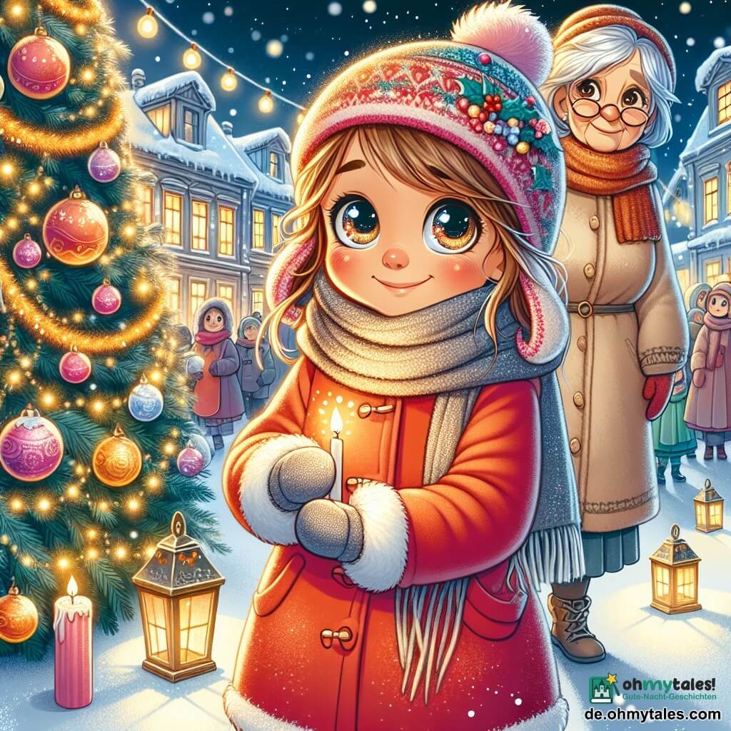 Ein 8-jähriges Mädchen, Mira, mit großen, funkelnden Augen und einem strahlenden Lächeln steht vor einem großen Weihnachtsbaum, der mit glitzernden Girlanden und bunten Kugeln geschmückt ist. Sie trägt einen leuchtend roten Mantel, einen weichen Wollschal und eine Strickmütze, ihre Wangen sind durch die Kälte und die Aufregung gerötet. Neben ihr steht eine ältere Frau, ihre Großmutter, mit silbernen Haaren und runden Brillen, die liebevoll lächelt und eine kleine angezündete Kerze hält. Sie trägt einen beigen Wollpullover und einen langen Rock und steht leicht im Hintergrund, stolz auf Mira schauend. Der Ort ist ein verschneiter Platz, beleuchtet von goldenen Laternen, mit sanft fallenden Schneeflocken vom sternenklaren Himmel. Holzhäuser mit schneebedeckten Dächern umgeben den Platz und schaffen eine warme, festliche Atmosphäre. Mira, voller Freude, zündet eine kleine Kerze an und teilt ihr Licht mit den anderen, während Kinder und Erwachsene, die sich um sie versammeln, aufmerksam ihrer Geschichte lauschen und einen magischen, warmen Moment unter dem sternenklaren Himmel schaffen.