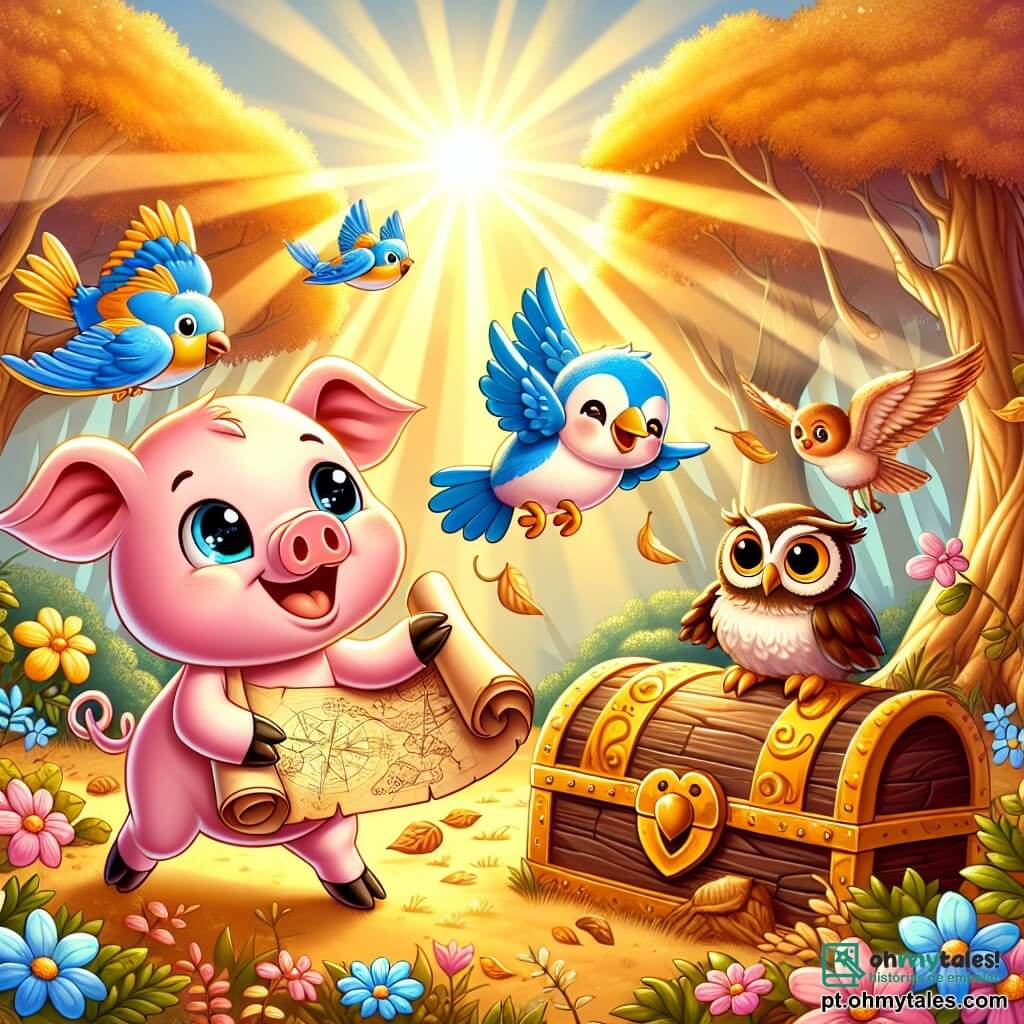 Um porquinho rosa, chamado Porquinho Rosa, com um lindo nariz em forma de coração e olhos brilhantes de excitação, está no centro de um claro ensolarado, segurando um velho rolo de mapa com suas pequenas patas. Ao seu lado, um passarinho de penas azuis vibrantes voa alegremente, com as asas abertas, pronto para explorar. Perto dali, uma sábia coruja de penas marrons e grandes olhos redondos observa a cena com um sorriso benevolente, empoleirada em um galho de árvore. O local é um claro encantador, cercado por árvores majestosas com folhas douradas, e flores coloridas dançam ao sabor do vento. A cena principal mostra Porquinho Rosa e seus amigos descobrindo um misterioso tesouro escondido em um velho baú dourado, iluminado pelos raios de sol, enquanto percebem que sua maior riqueza é a amizade.