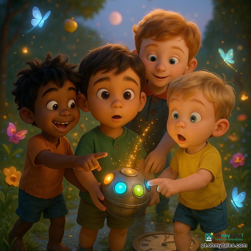 Há quatro meninos de cerca de 3 anos: Léo, cabelos castanhos curtos, segura a mão de Tom e observa com admiração a caixa redonda; Rui, cabelos pretos, à esquerda aponta um botão amarelo sorrindo; Tom, loiro, está à direita de Léo e pressiona um botão azul surpreso por um brilho; Beto, ruivo, atrás, toca a caixa e segura a mão de Léo. Eles estão num pequeno jardim transformado em parque mágico — relva molhada, poças brilhantes, duas pequenas luas rosas no céu, flores coloridas, maçãs translúcidas flutuantes e borboletas luminosas — e no centro há um relógio de madeira no chão; a caixa metálica redonda, do tamanho de um balão, tem botões coloridos (azul, amarelo, verde) brilhantes e luzes intermitentes, de onde saem faíscas douradas enquanto o jardim muda, mostrando o momento em que viajam no tempo.