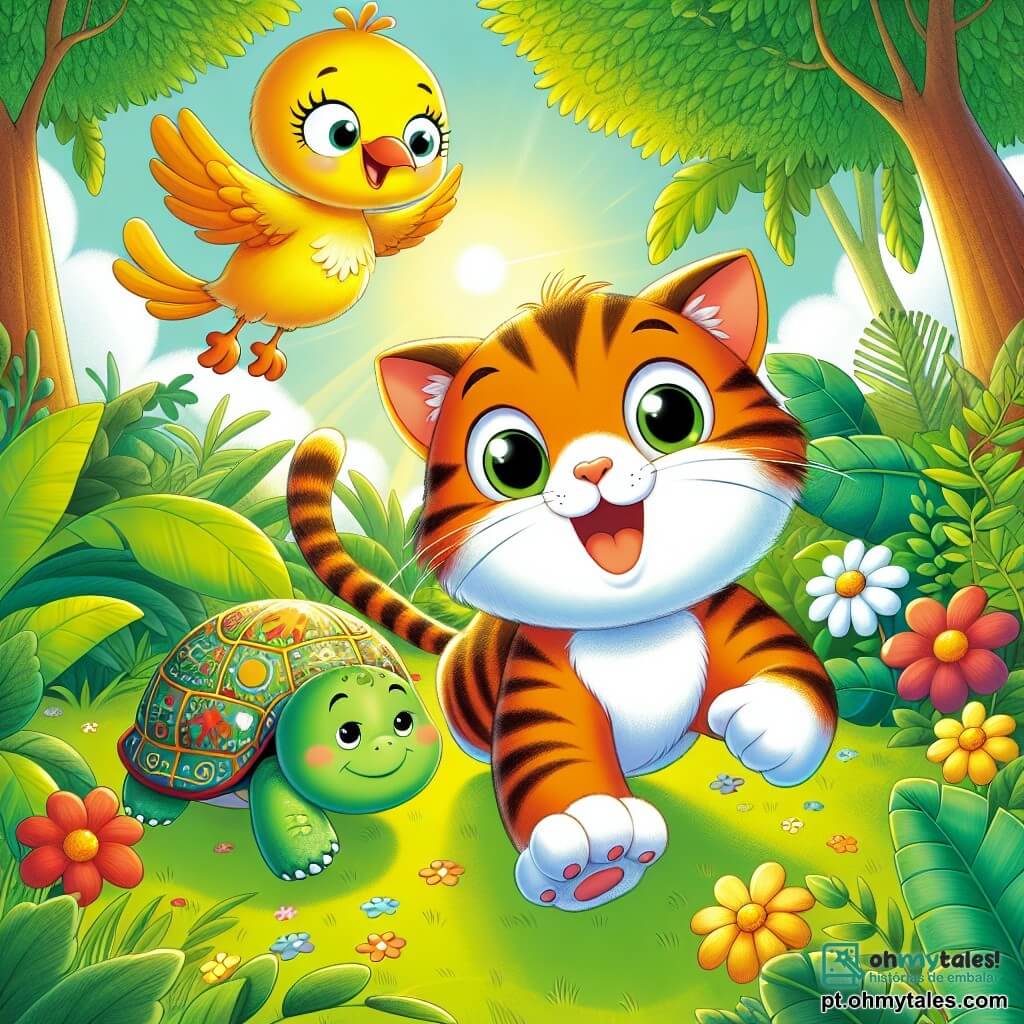 Um gato travesso chamado Miau, com pelagem listrada laranja e olhos brilhantes de curiosidade, corre alegremente por uma selva colorida, com um grande sorriso no rosto. Ao seu lado, um pequeno pássaro amarelo com penas brilhantes voa cantando, flutuando levemente acima de Miau, enquanto uma tartaruga verde com uma carapaça adornada de padrões coloridos avança lentamente, mas com determinação, no chão, olhando para Miau com um ar amigável. A cena acontece em uma selva exuberante, cheia de grandes folhas verdes, flores vibrantes e árvores majestosas, onde a luz do sol filtra através da folhagem, criando sombras dançantes no chão. Miau, o pássaro e a tartaruga se preparam juntos para uma competição de corrida amigável, cada um demonstrando seu entusiasmo e determinação em se divertir, enquanto outros animais os observam com curiosidade e alegria.