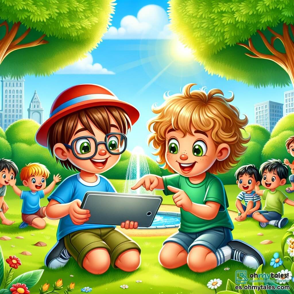 Dos chicos, Juan y Lucas, de nueve años, están en el centro de la imagen. Juan, con cabello castaño y gafas, lleva una gorra roja y una camiseta azul, mientras que Lucas, con cabello rubio y rizado, viste una camiseta verde y un short. Juan está sentado en la hierba, sosteniendo una tableta, con los ojos brillantes de emoción, mientras Lucas está a su lado, señalando la pantalla con una gran sonrisa, rodeado de varios niños que los miran con curiosidad. El lugar es un parque soleado, lleno de vegetación exuberante: grandes árboles con hojas brillantes, flores coloridas y una pequeña fuente que brilla al sol. En el fondo, otros niños juegan al fútbol, añadiendo una atmósfera alegre y dinámica a la escena. La situación principal muestra a Juan y Lucas descubriendo juntos un nuevo juego en la tableta, cautivando la atención de sus amigos, que se reúnen a su alrededor, ansiosos por ver las aventuras que pueden crear en el mundo virtual.