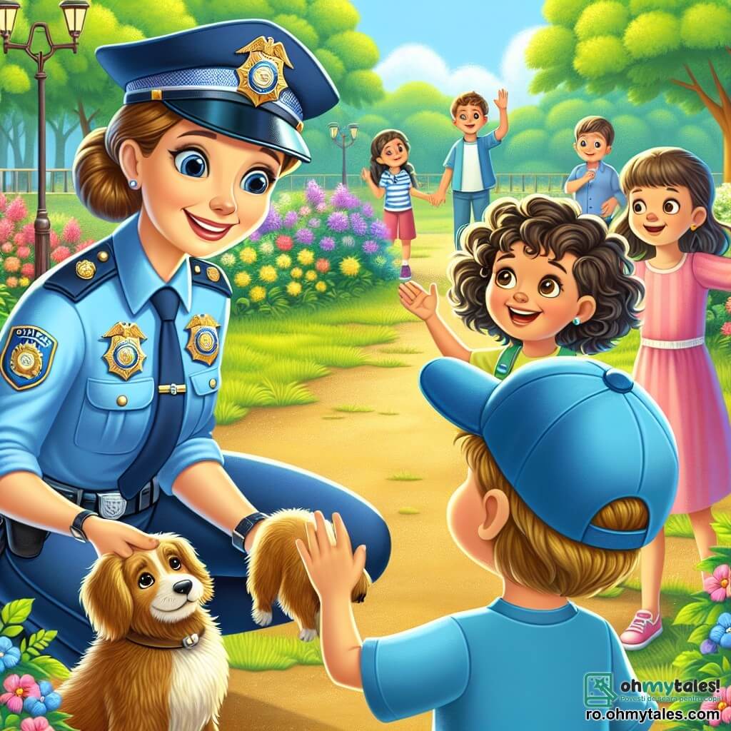O polițistă zâmbitoare, Ana, este în centrul imaginii. Ea este o femeie de aproximativ treizeci de ani, cu părul brun prins în coc, purtând un uniform albastru deschis și un insigne strălucitor pe piept. Fața ei exprimă determinare și bucurie, în timp ce se apleacă pentru a consola un cățel pierdut, Max, care are blana aurie și ochi strălucitori de fericire. În jurul ei se află mai mulți copii de aproximativ 8 ani. Maria, o fetiță cu părul creț și rochie roz, se apropie cu un zâmbet mare, în timp ce Andrei, un băiat cu ochelari și șapcă albastră, ridică mâna cu entuziasm pentru a pune o întrebare. Se află aproape de polițistă, privindu-i cu admirație scena. Locul este un parc verde, plin de copaci măreți și flori colorate, cu un drum de pietriș care șerpuiește prin el. În depărtare, se văd leagăne și copii jucându-se, adăugând o atmosferă veselă și animată. Situația principală o arată pe Ana eliberându-l pe Max de lesa sa, înconjurată de copii care o încurajează și o observă cu fascinație, ilustrând spiritul de ajutor și camaraderie.