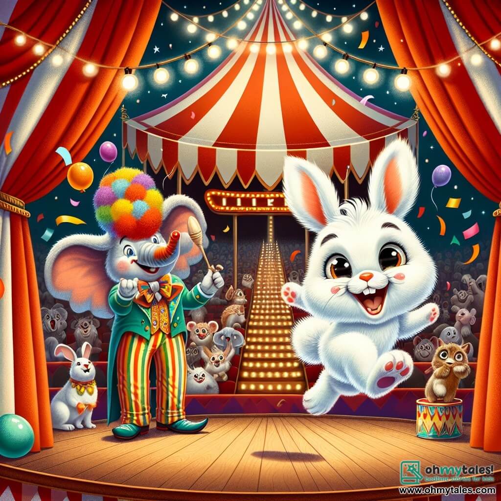 An illustration depicts an adorable little white rabbit with big curious eyes and a fluffy tail, joyfully jumping in the air with a big smile on its face. Next to it, a cheerful clown with a shiny red nose and a colorful rainbow wig laughs while juggling multicolored balls, his eyes sparkling with happiness. In the background, an elephant with gray skin and large ears looks on with amusement, a surprised expression on its face as a piece of pie lands on its head. The main setting is a large circus tent with red and white stripes, filled with twinkling lights and colorful decorations, where animal spectators gather around a wooden stage. The main scene shows the little rabbit performing a spectacular acrobatic leap, surrounded by laughter and applause, while the clown makes funny faces and the elephant prepares to laugh at the situation. Additional graphic elements include confetti floating in the air, colorful balloons hanging from the sides of the tent, and a festive atmosphere filled with joy and excitement.