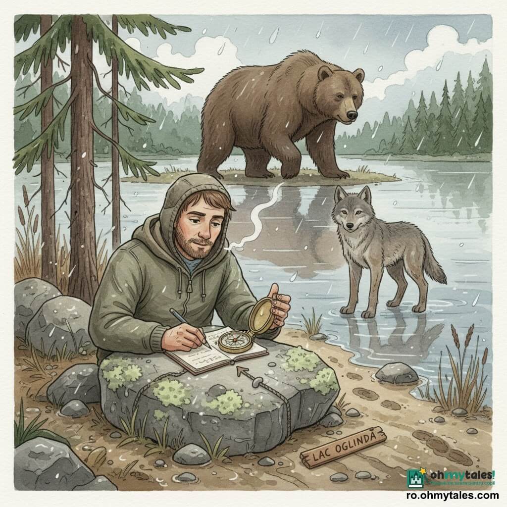 Un explorator à visage barbu court, cheveux bruns sous une cagoule en laine, regard concentré, posture déterminée, pose une vieille boussole sur une pierre plate en forme de dent couverte de lichens et écrit dans un carnet humide au crayon gras; un jeune loup svelte à fourrure grise boueuse observe depuis la rive droite, un grand ours brun massif apparaît en arrière-plan entre les arbres à distance respectueuse; lieu : rivage du Lac Oglindă, eau gris-bleu miroir, roseaux bruns, pierres mouillées, langue de terre étroite; instant précis : l’explorateur marque le cap nord sur la pierre-dinte, vent froid et pluvieux, nuages bas, quelques flocons, traces dans la boue, corde fine tendue et trois petites pierres alignées comme une flèche; palette douce de verts sapin, bruns terre et gris bleuté, touches de blanc pour reflets et souffle, texture papier aquarelle visible et contours soulignés au stylo gel blanc; angle légèrement en plongée, cadrage centré sur l’homme et la pierre montrant le lac et la taïga derrière.