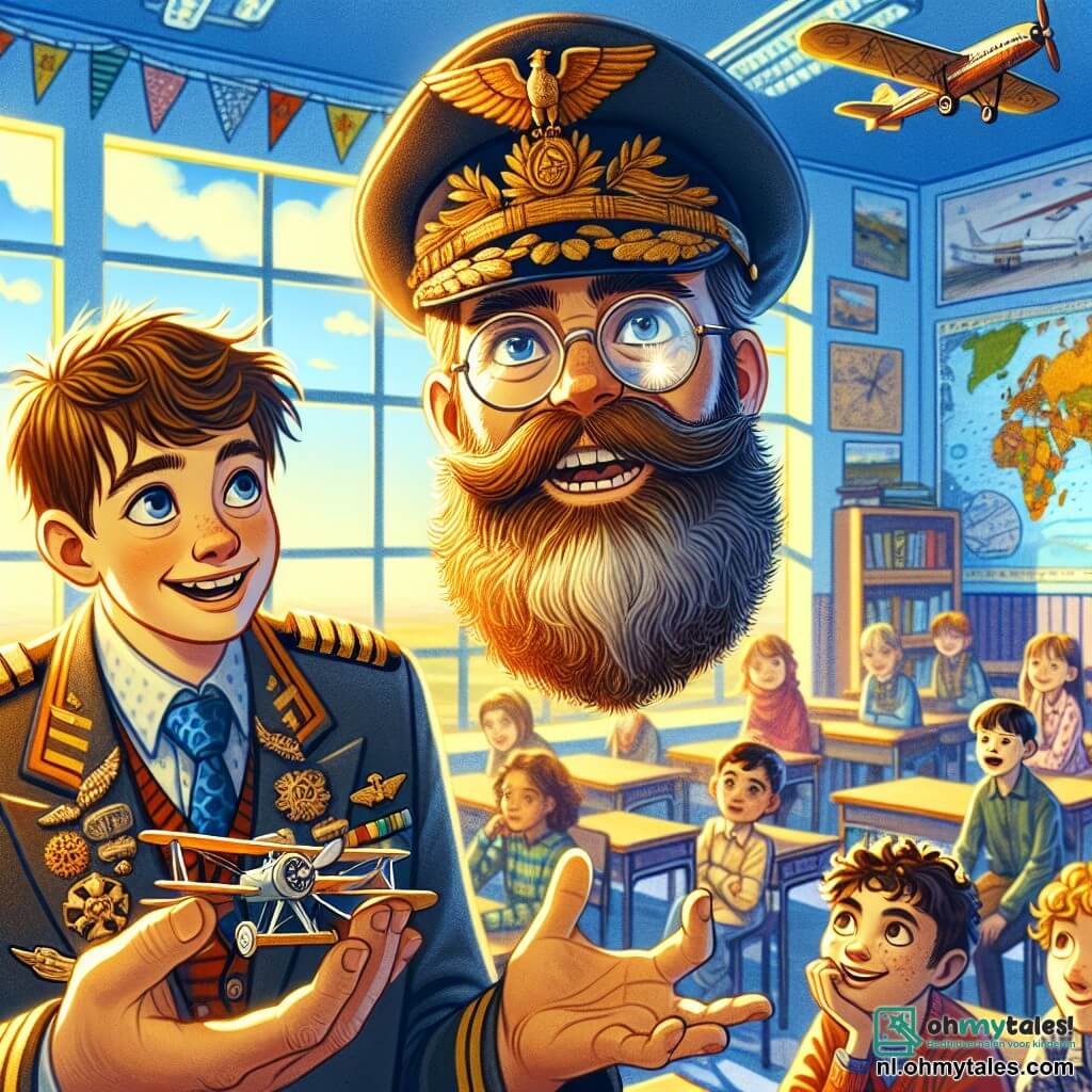 Een man in pilotenuniform, met een grote pet versierd met goud, glimlacht warm. Zijn ogen stralen enthousiasme uit en zijn gezicht heeft een lichte baard. Hij staat voor een vliegtuigmodel en gebaart gepassioneerd terwijl hij de werking van het toestel uitlegt. Naast hem kijkt een 12-jarig jongetje, Kevin, met rommelig bruin haar en een bril, vol bewondering naar de piloot, terwijl hij een klein vliegtuigmodel in zijn handen houdt. Hij staat met grote ogen, verdiept in de uitleg. Een groep kinderen, waaronder een meisje met krullend blond haar, Noor, dat op de grond zit, luistert aandachtig, met gezichten vol nieuwsgierigheid. De scène speelt zich af in een lichte klaslokaal, versierd met vliegtuigposters en luchtkaarten, met ramen die zonlicht binnenlaten. Bureau's staan in een halve cirkel rond de piloot, wat een warme en uitnodigende sfeer creëert. De piloot vertelt een boeiend verhaal over zijn avonturen in de lucht, terwijl de kinderen, gefascineerd, zich de vlucht door de wolken voorstellen.