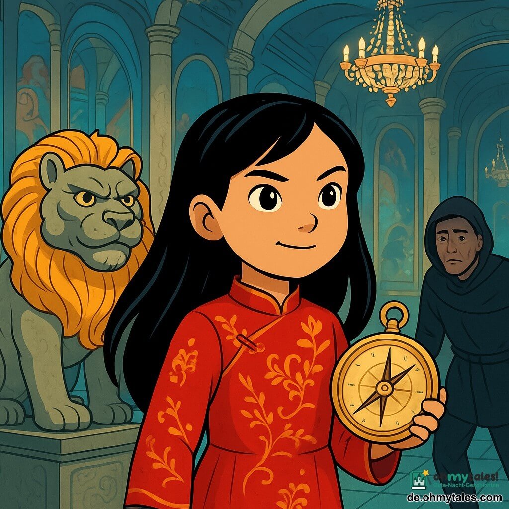 Mei Lin, ein zehnjähriges Mädchen mit langen, glänzenden schwarzen Haaren, steht im Zentrum eines Raumes voller funkelnder Spiegel. Ihr Gesicht zeigt einen mutigen Entschluss, mit neugierigen Augen und einem leichten Lächeln auf den Lippen. Sie trägt eine rote Seidentunika, die mit goldenen Mustern verziert ist, und in ihren Händen hält sie einen wunderschönen Kupferkompass, der im Licht glänzt. Neben ihr steht ein majestätischer Löwe aus Stein mit goldener Mähne und funkelnden Augen, der wie ein Wächter wirkt. Er scheint beschützend und weise, beobachtet Mei Lin wohlwollend. In einer Ecke des Raumes erscheint eine dunkle Gestalt, der Kompassdieb, ein mittelalter Mann in dunkler Kleidung, mit besorgtem Blick und reuevollem Ausdruck. Der Raum selbst ist riesig, mit Wänden, die mit alten Wandmalereien verziert sind, und Marmorsäulen. Die Spiegel reflektieren Bilder von Erinnerungen und Träumen und schaffen eine magische, bezaubernde Atmosphäre. Das Licht der Kristalllüster tanzt an den Wänden und fügt eine Prise Geheimnis hinzu. Die Hauptsituation zeigt Mei Lin, die bereit ist, dem Kompassdieb entgegenzutreten, entschlossen, Gerechtigkeit wiederherzustellen und Licht in diesen geheimnisvollen Raum zu bringen.