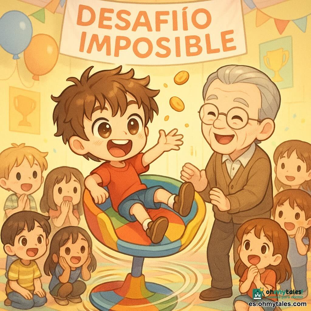 Niño de 10 años, entusiasta y travieso, pelo castaño claro despeinado, ojos brillantes, sentado en una gran silla giratoria colorida lanzando pequeñas galletas al aire para mantener el equilibrio; un hombre mayor (abuelo) de unos 70 años, rostro arrugado pero amable, pelo gris peinado hacia atrás y gafas redondas, está junto a la silla aplaudiendo y riendo con la mano en el respaldo; una decena de niños (mixtos, 6–12 años) miran asombrados y divertidos, algunos sentados y otros de pie con manos en la boca; la sala de juegos es luminosa y alegre, paredes en tonos pastel con pósteres de trofeos, suelo en tablero de colores, globos y guirnaldas y un cartel "Desafío Imposible" sobre la silla; escena principal: la silla gira rápido, las galletas quedan suspendidas como puntos dorados, movimientos curvos dinámicos y expresiones cómicas en un ambiente festivo y enérgico.